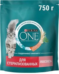 КормсухойдлявзрослыхкошекPURINAONESterilisedслососемипшеницей,длястерилизованных,750г