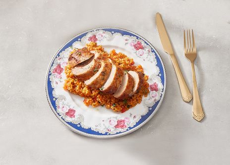 Запеченное рагу с пряным булгуром, грибами и нежным филе индейки фото к рецепту