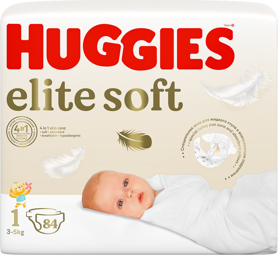 Подгузники детские HUGGIES Elite Soft 1, 3–5кг, 84шт