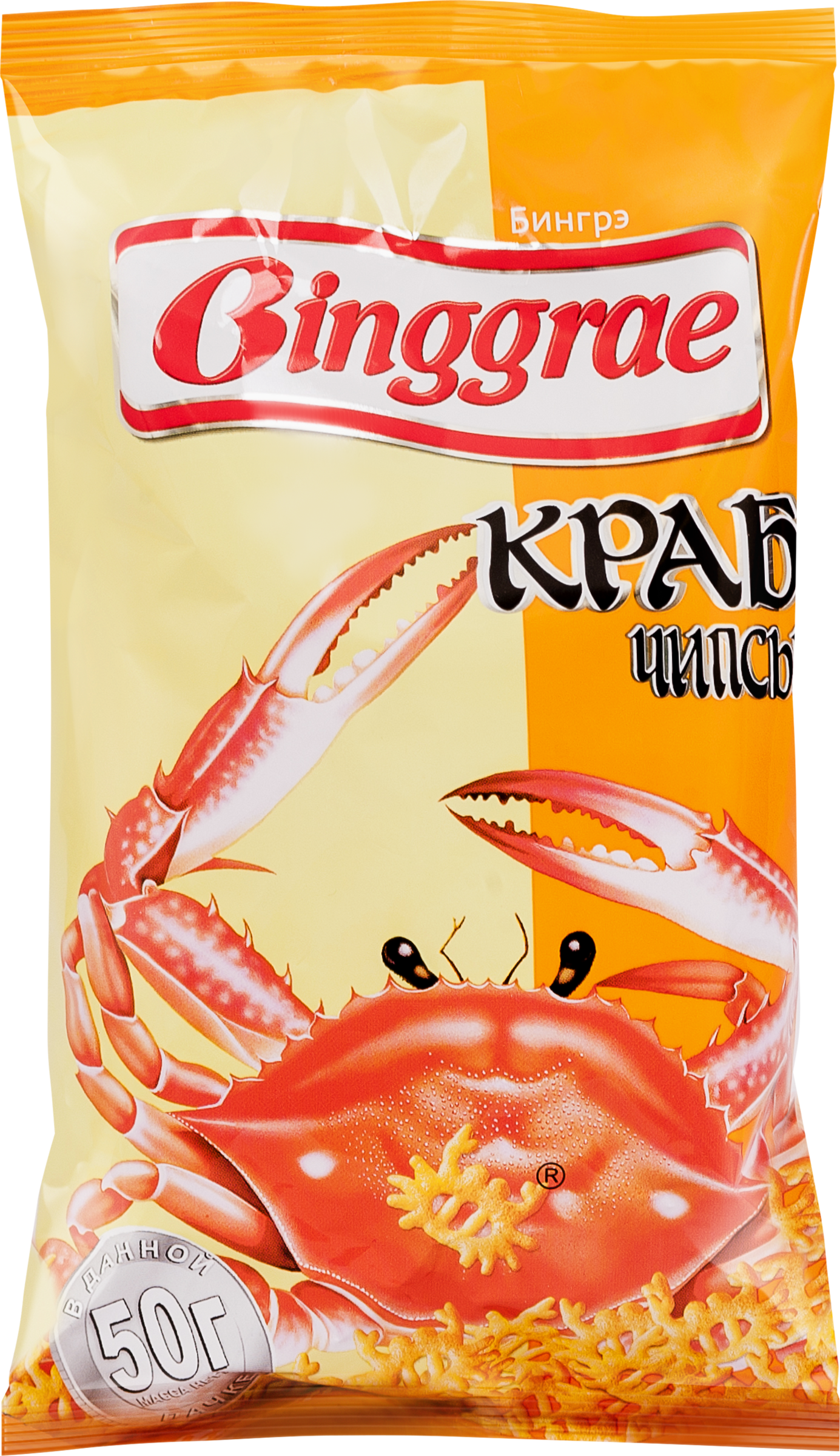 Изображение товара Чипсы хрустящие БИНГРЭ Краб 50г с морским вкусом для закуски