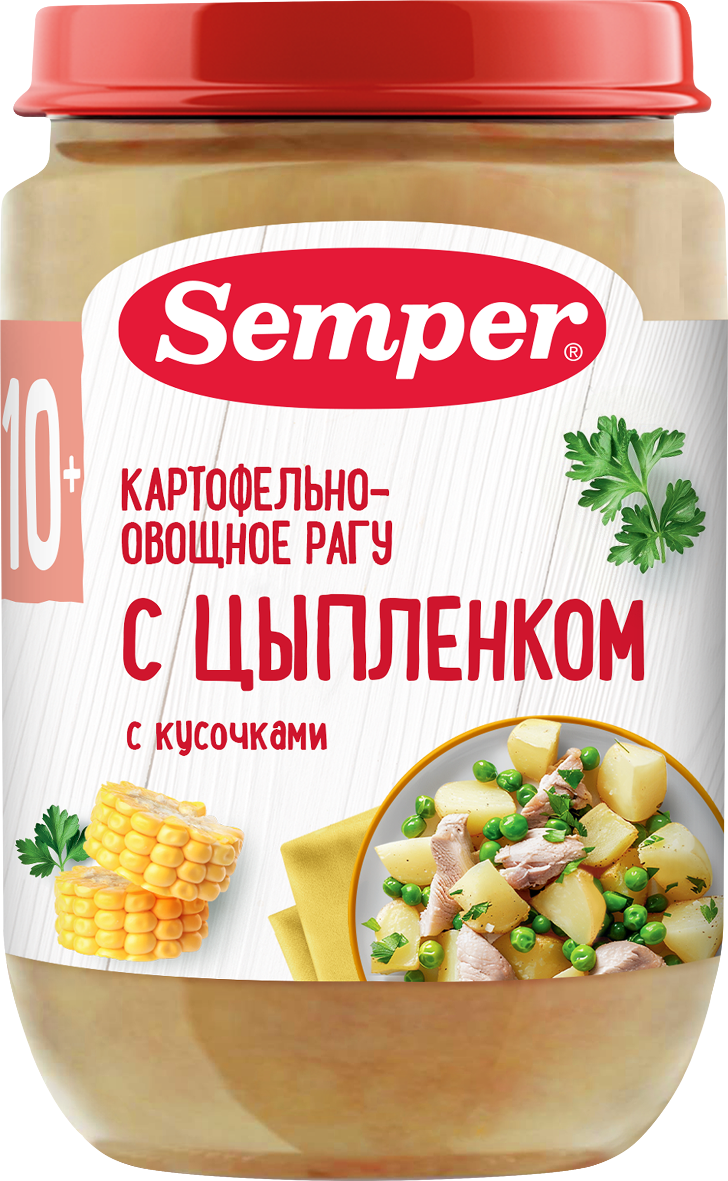 Изображение товара Пюре мясо-овощное SEMPER Рагу картофельно-овощное с цыпленком, с 10 
месяцев, 190г