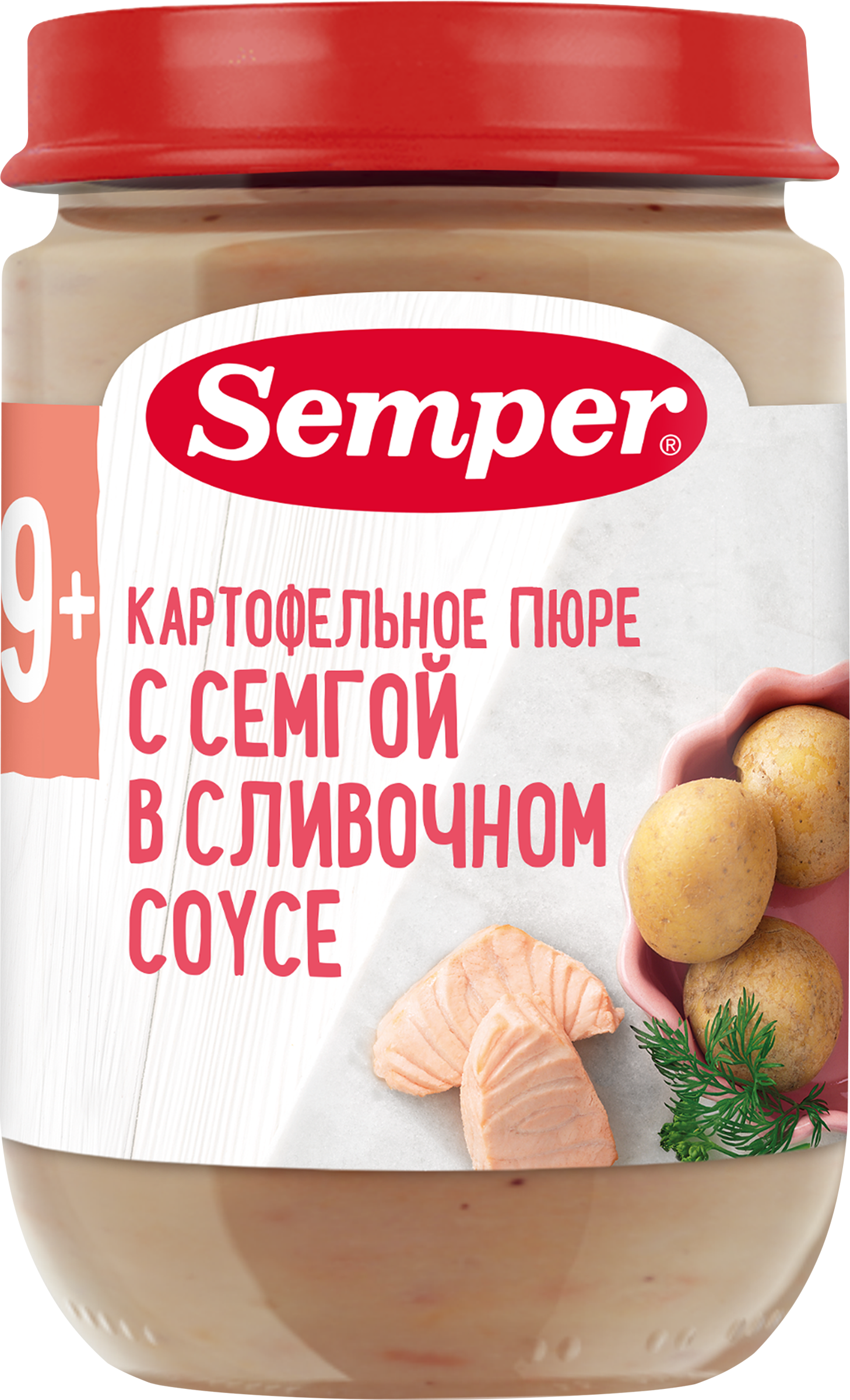 Изображение товара Пюре рыбно-овощное SEMPER Картофельное пюре с семгой в сливочном соусе, с 12 месяцев, 190г