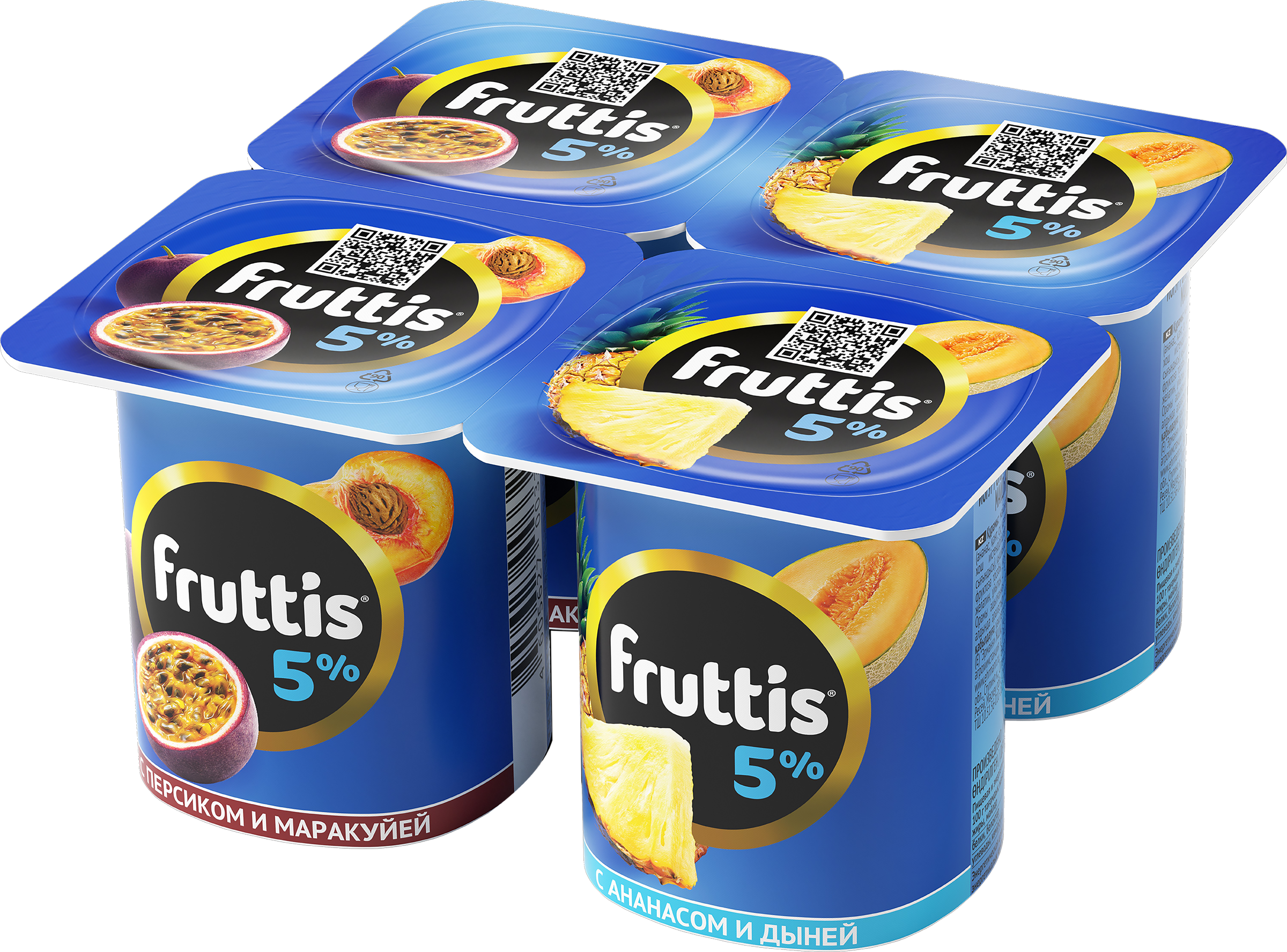 Изображение товара Продукт йогуртный FRUTTIS Сливочный Персик, маракуйя/Ананас, дыня 5%, без змж, 115г