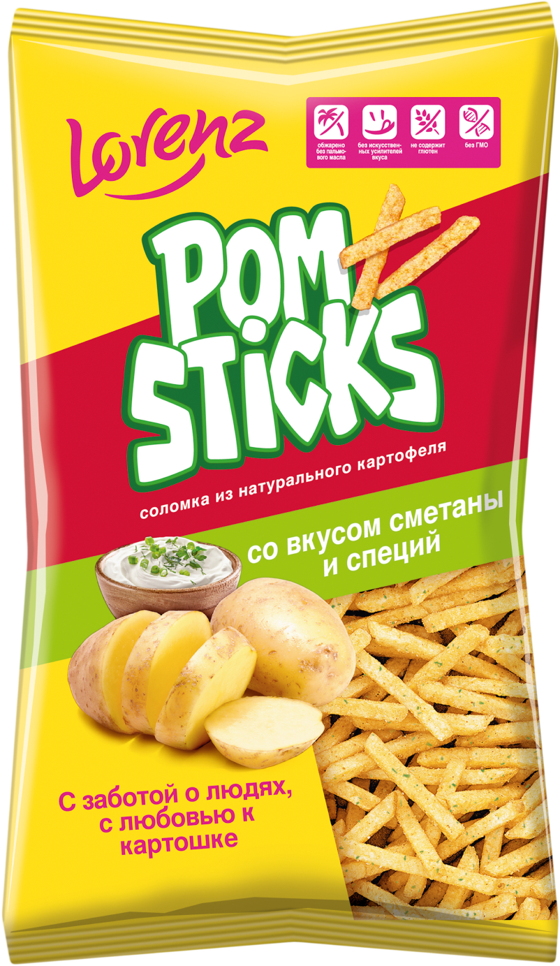Изображение товара Картофельные чипсы POMSTICKS со вкусом сметаны и специй 100г - хрустящая закуска без гмо и глютена