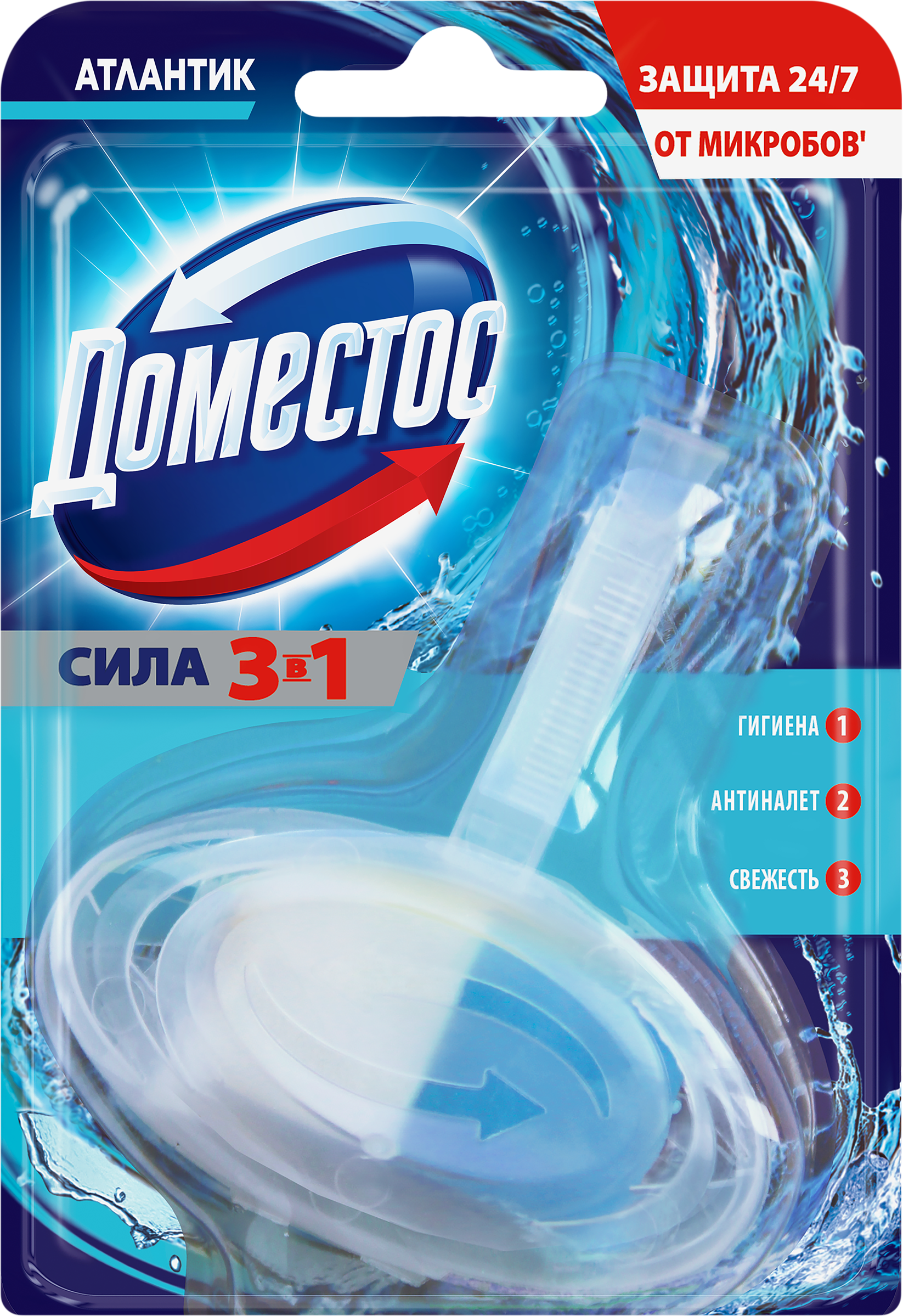 Изображение товара Блок для унитаза ДОМЕСТОС Свежесть Атлантики 3в1, 40г - очистка ароматизация производство Польши