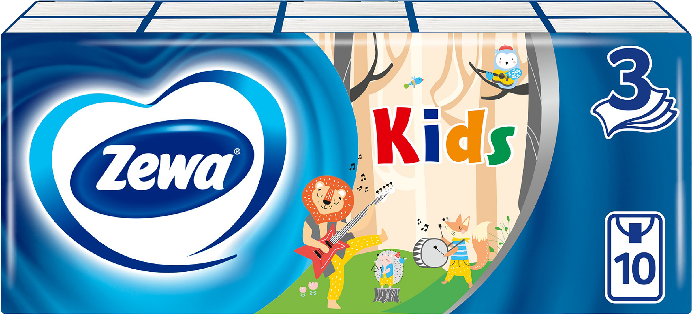 Изображение товара Платочки бумажные детские ZEWA Kids носовые, 3-слоя, 10x10шт