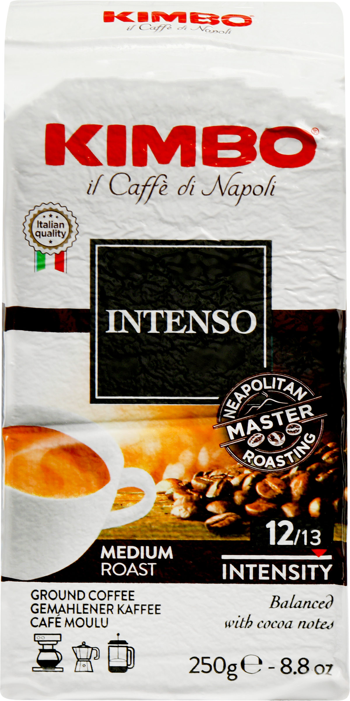 Изображение товара Кофе молотый KIMBO Aroma Intenso натуральный 250г средняя обжарка арабика и робуста