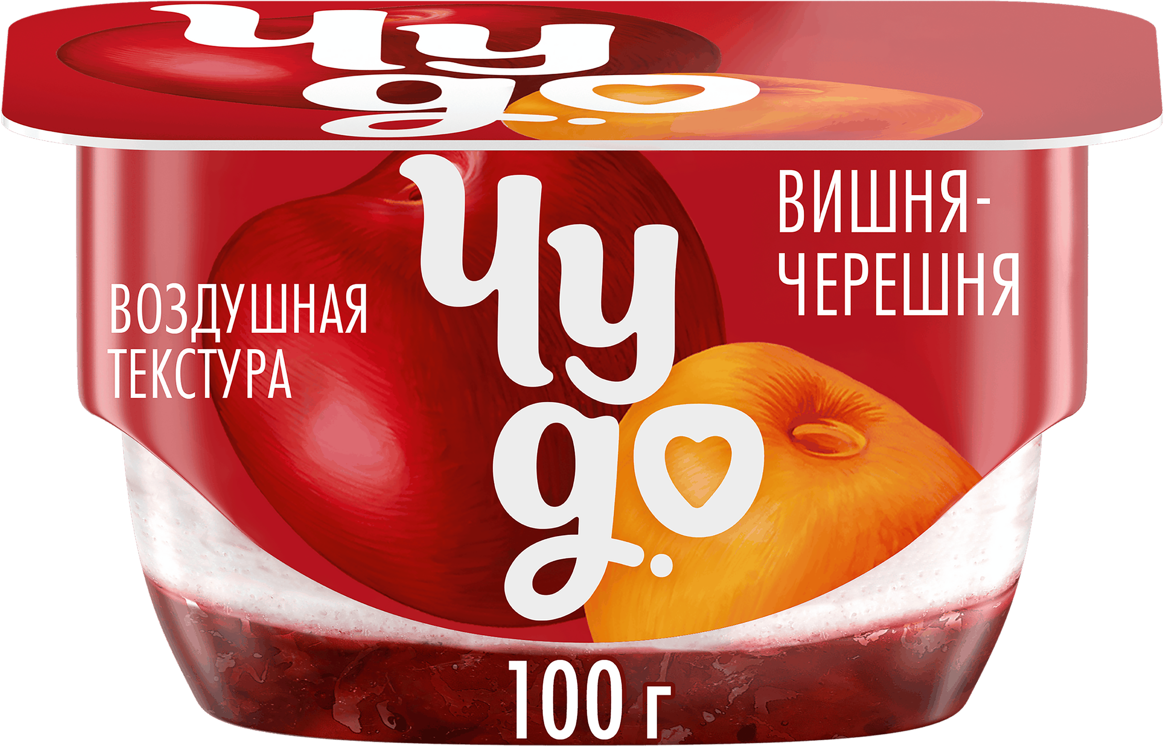 Изображение товара Десерт творожный ЧУДО Творожок взбитый двухслойный Вишня, черешня 4%, без змж, 100г