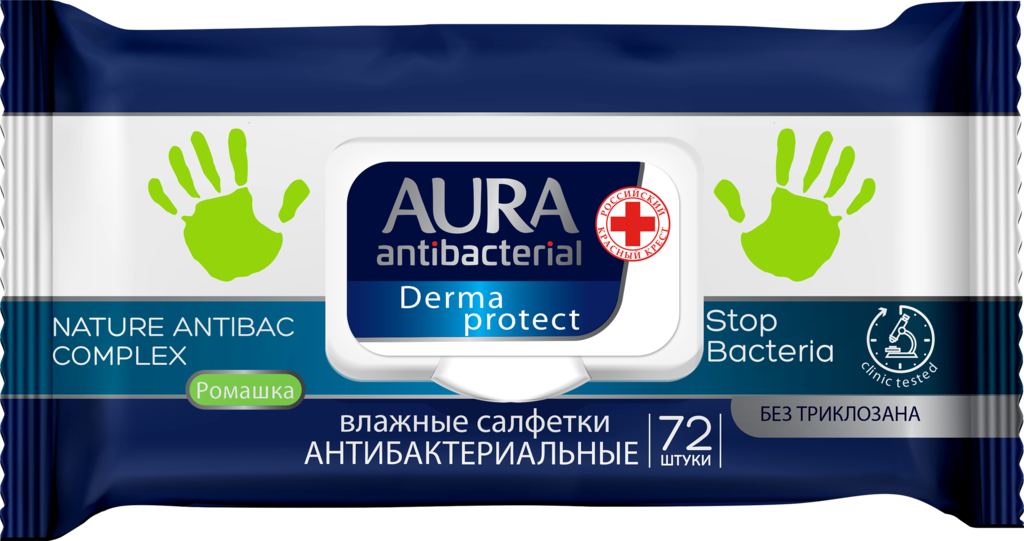 Изображение товара Салфетки влажные AURA Antibacterial Derma Protect антибактериальные, 72шт
