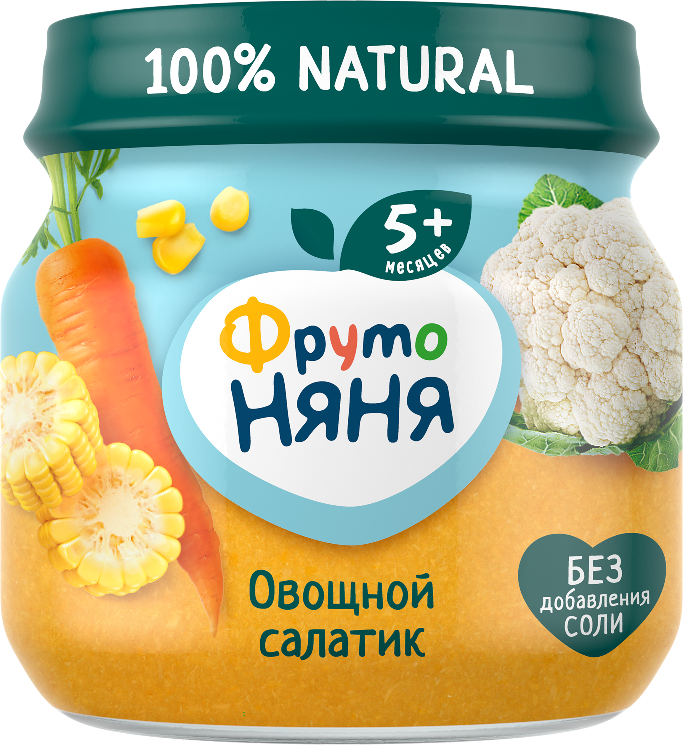 Изображение товара Пюре овощное ФРУТОНЯНЯ Овощной салатик Цветная капуста, кукуруза и морковь, с 5 месяцев, 80г