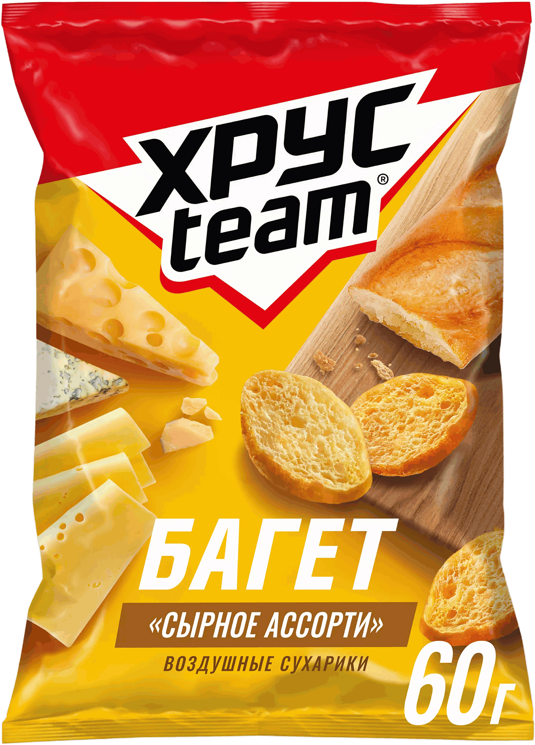 Изображение товара Сухарики ХРУСTEAM багет Сырное ассорти 60г воздушные хрустящие в мягкой упаковке