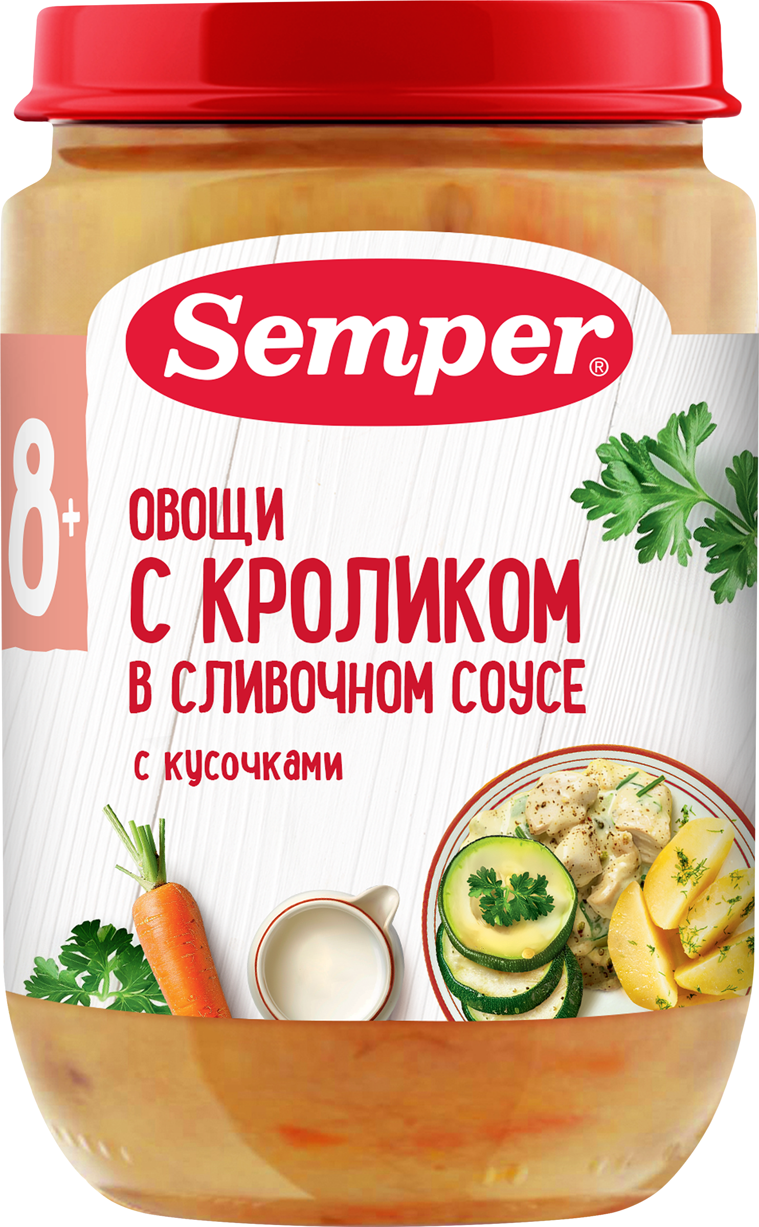 Изображение товара Пюре мясо-овощное SEMPER Овощи с кроликом в сливочном соусе, с 8 месяцев, 190г