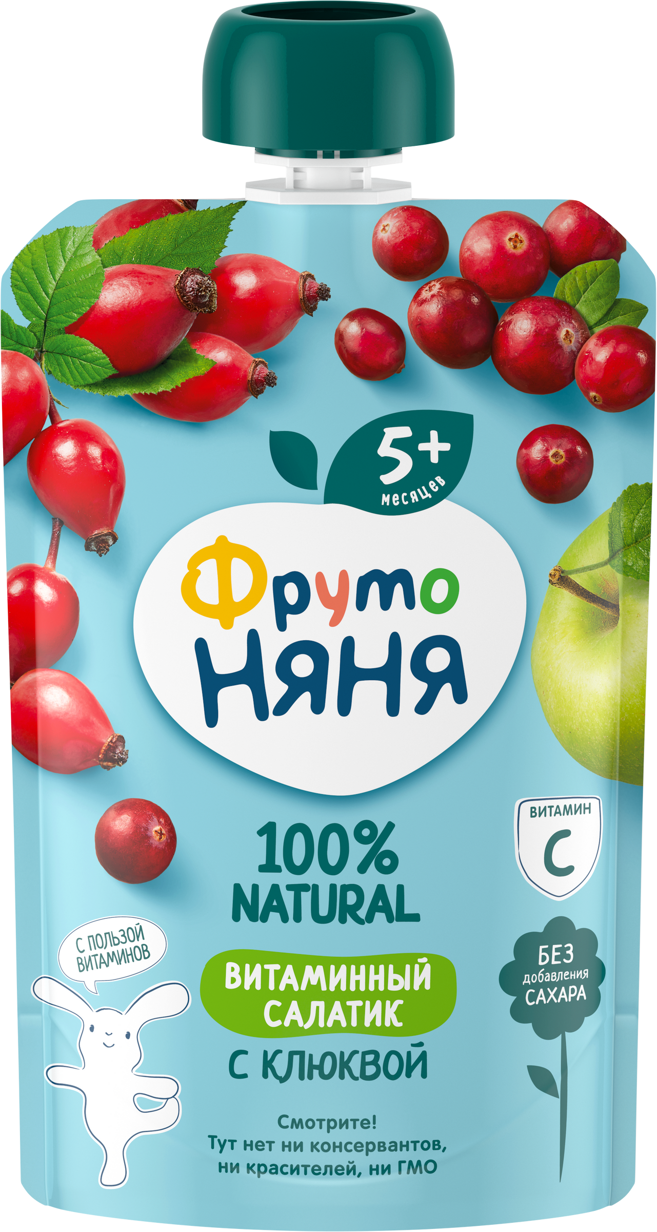 Изображение товара Пюре ягодно-фруктовое ФРУТОНЯНЯ Яблоко, шиповник, клюква, с витамином, с 5 месяцев, 90г