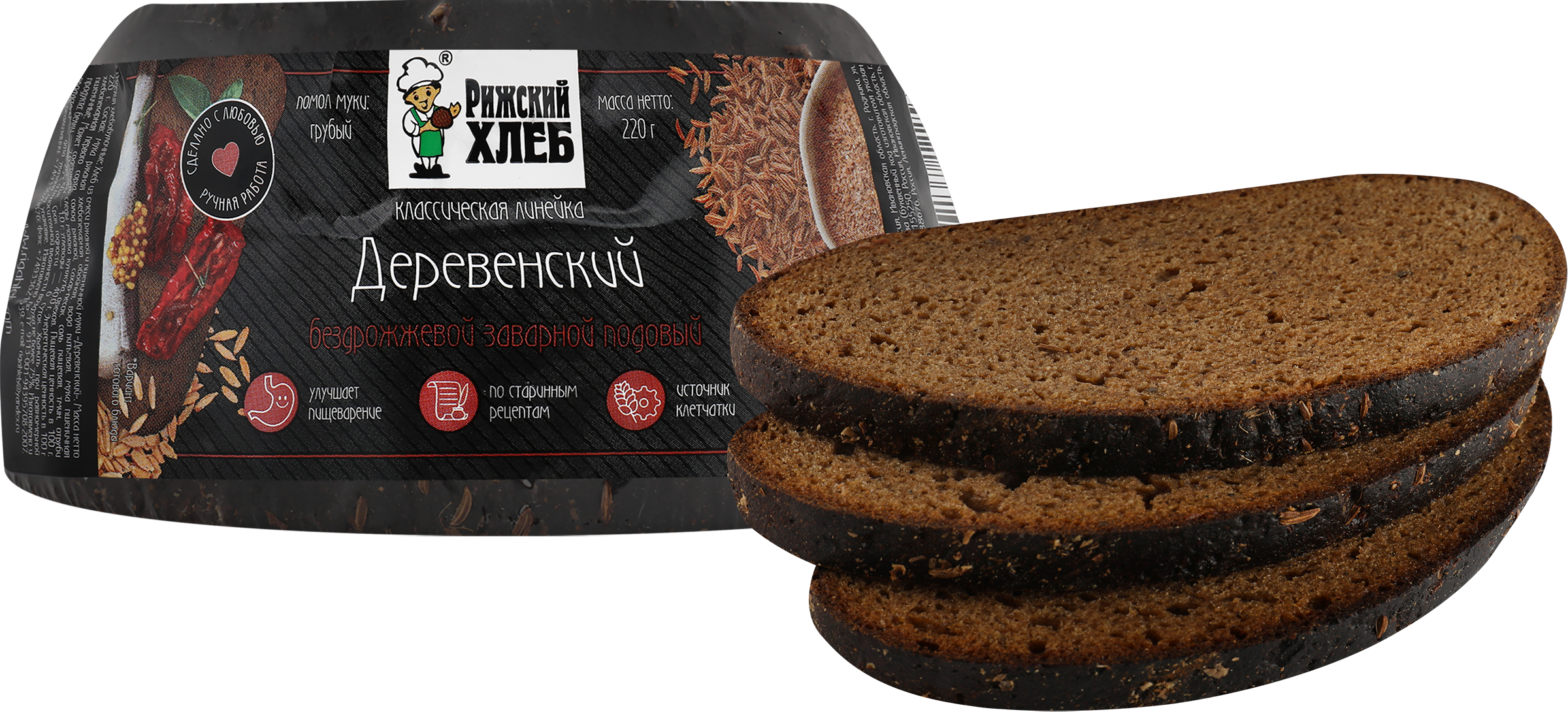 Изображение товара Хлеб ржано-пшеничный подовый РИЖСКИЙ ХЛЕБ Деревенский, бездрожжевой, 220г