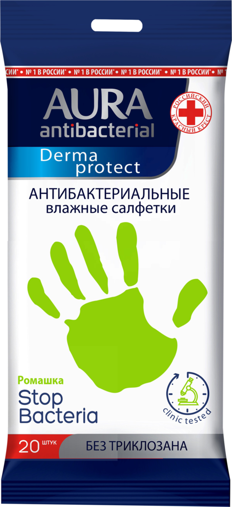 Изображение товара Влажные салфетки AURA Antibacterial Derma Protect 20 шт натуральный антибактериальный уход