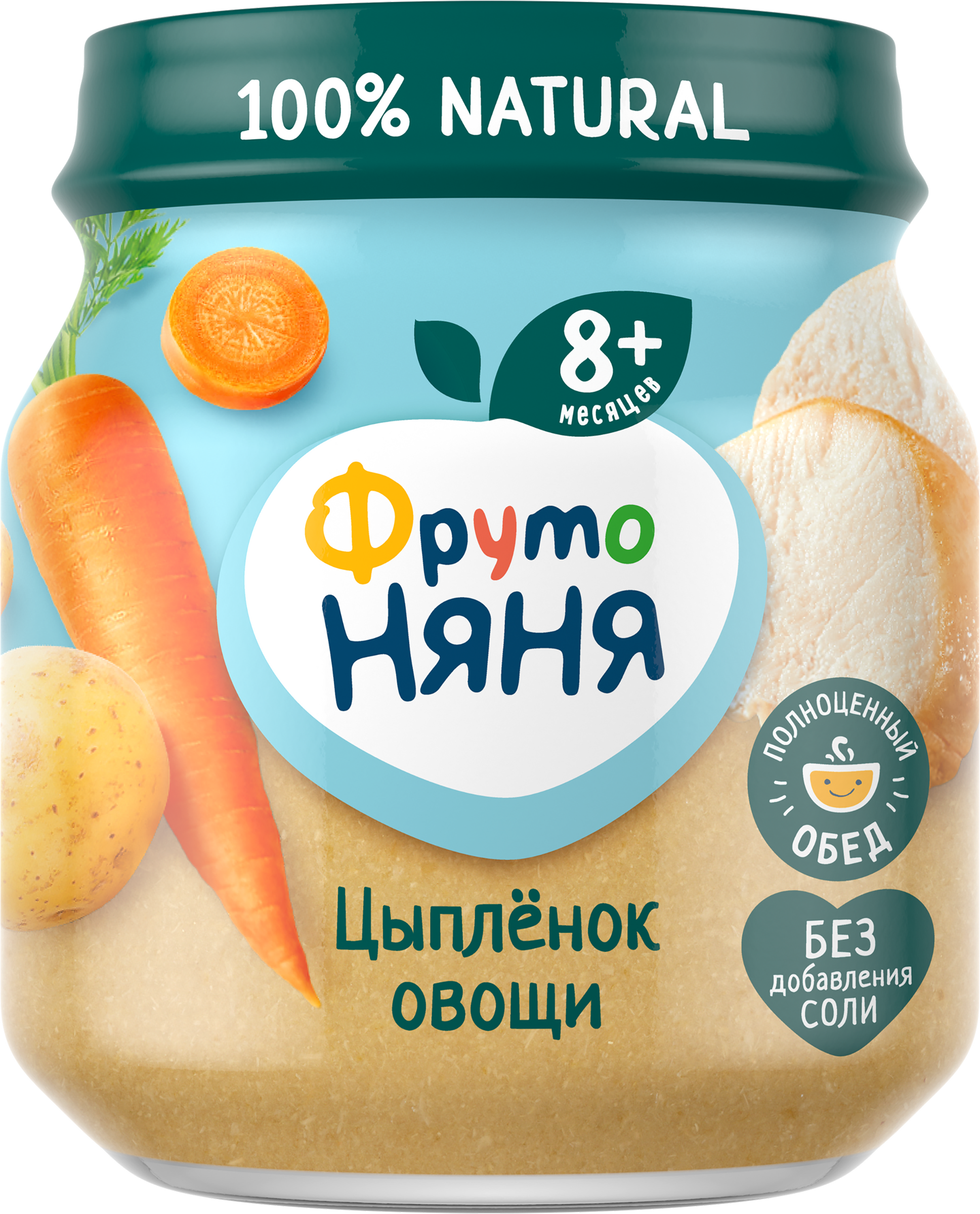 Изображение товара Пюре мясо-растительное ФРУТОНЯНЯ Цыпленок, рис, морковь, картофель и лук, с 8 месяцев, 100г