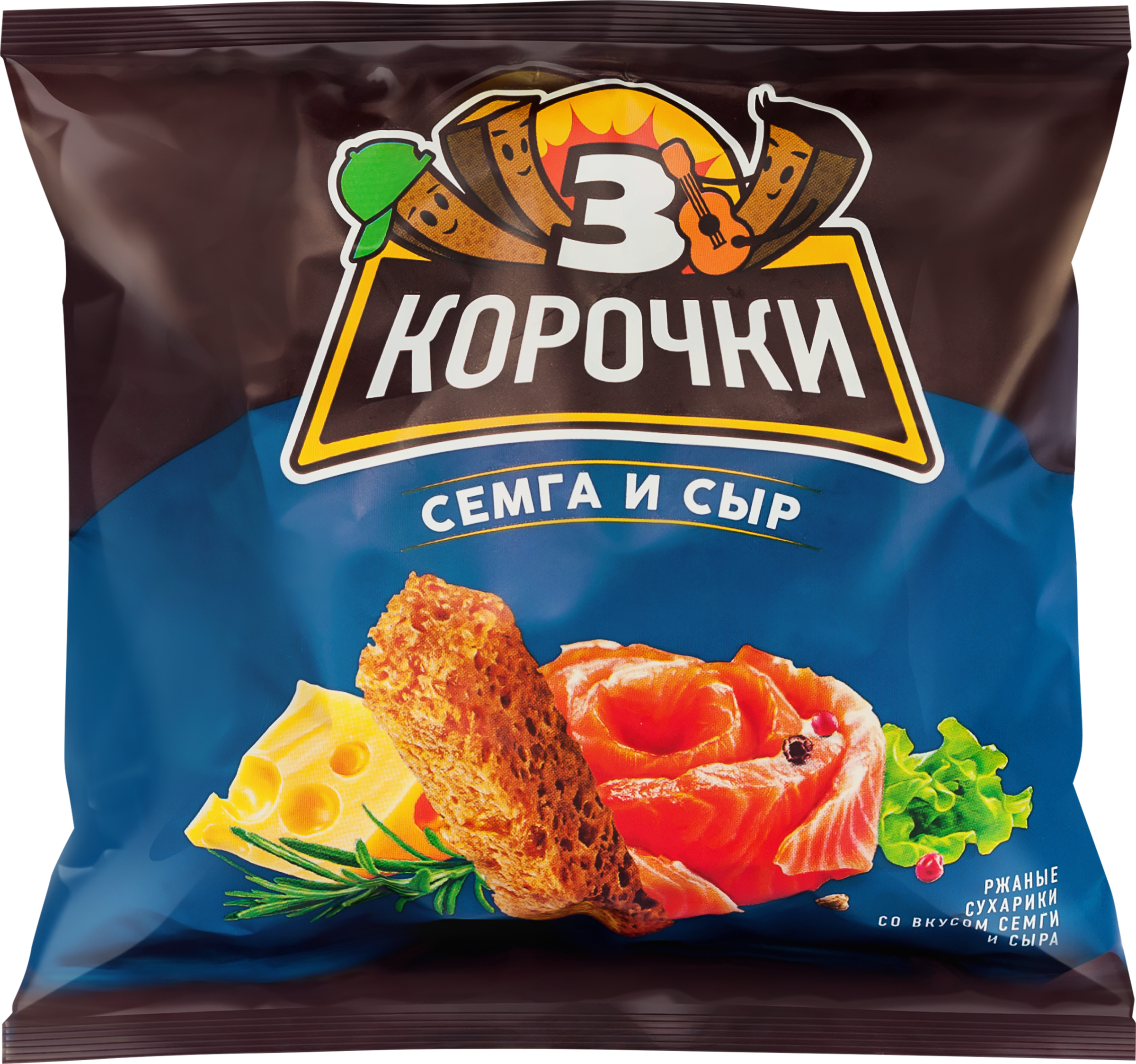 Изображение товара Сухарики ржаные ТРИ КОРОЧКИ Сыр и семга, 100г