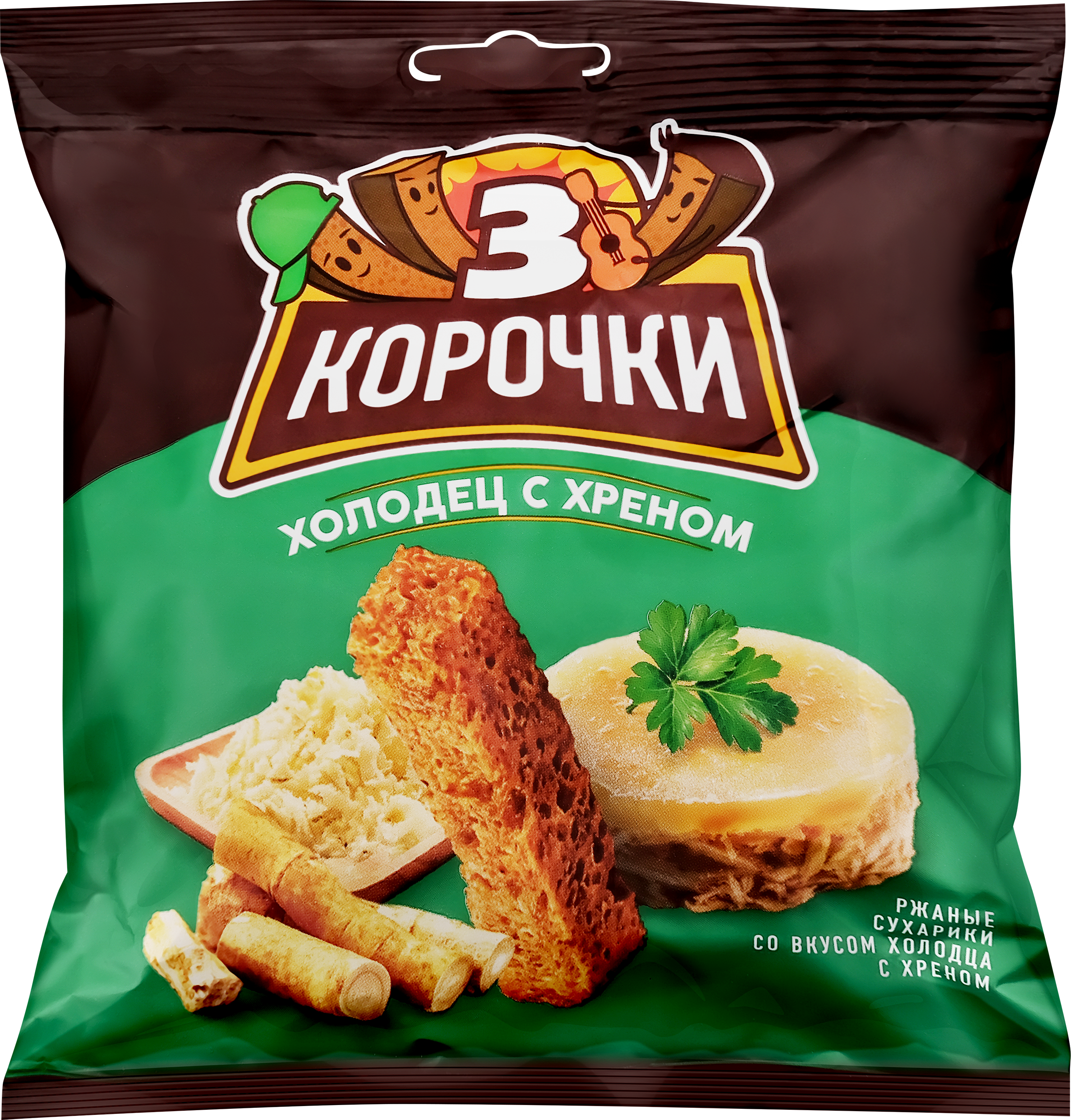 Изображение товара Сухарики ржаные ТРИ КОРОЧКИ Холодец с хреном, 100г