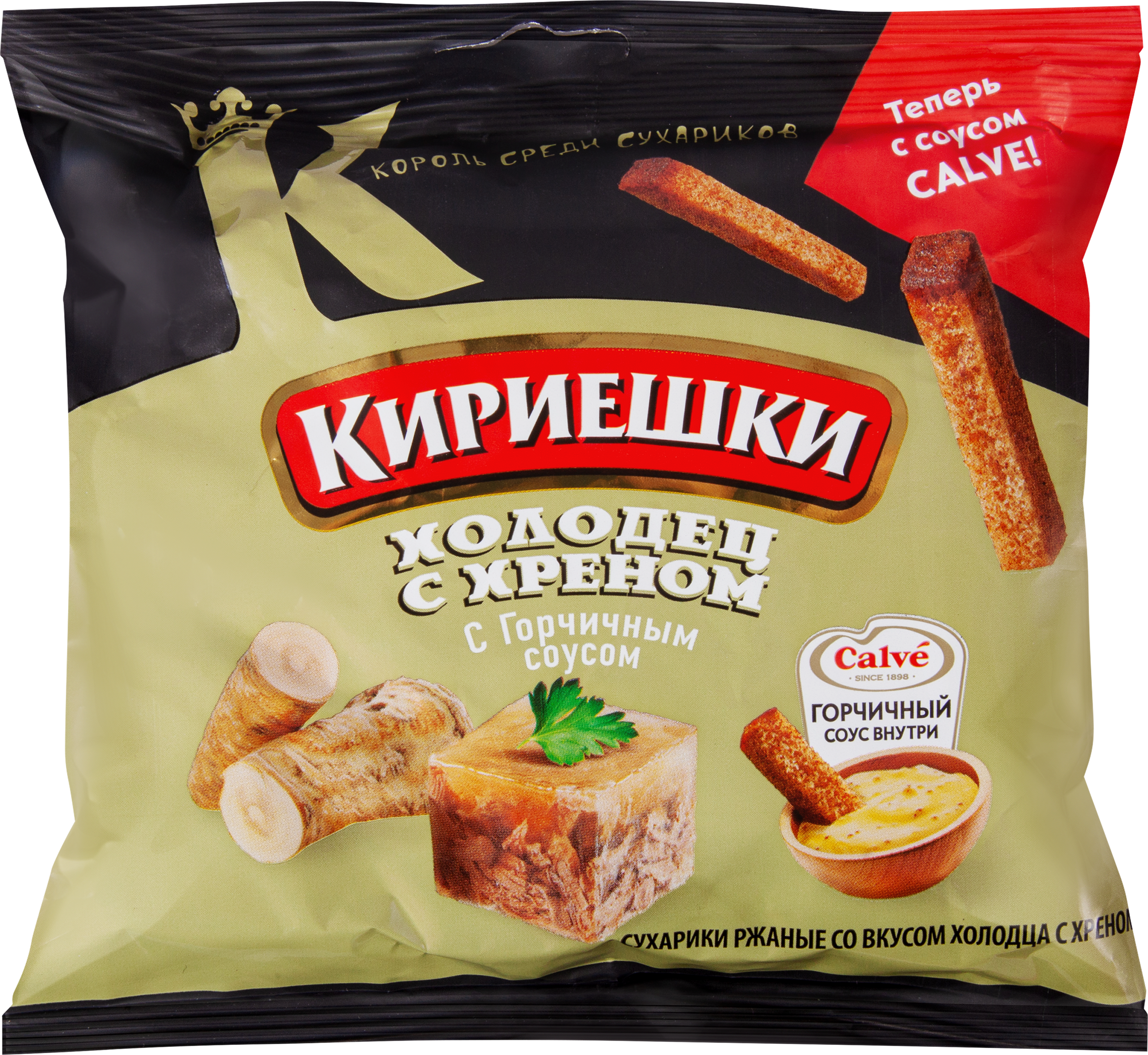 Изображение товара Сухарики ржаные КИРИЕШКИ Холодец с хреном (60г), соус (25г), 85г