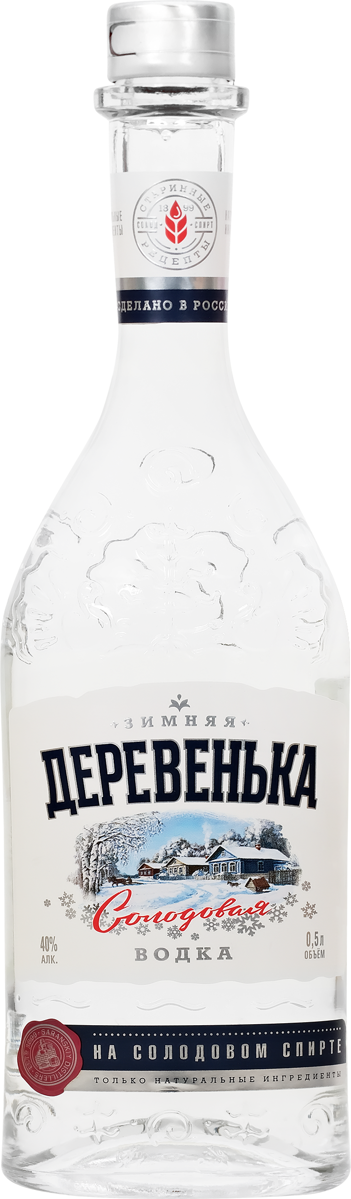 Изображение товара Водка ЗИМНЯЯ ДЕРЕВЕНЬКА на солодовом спирте, 40%, 0.5л