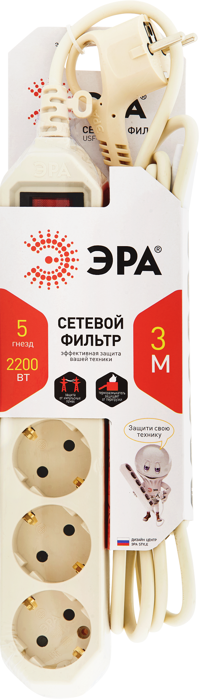 Изображение товара Сетевой фильтр ЭРА 5 розеток с заземлением и выключателем, 3м