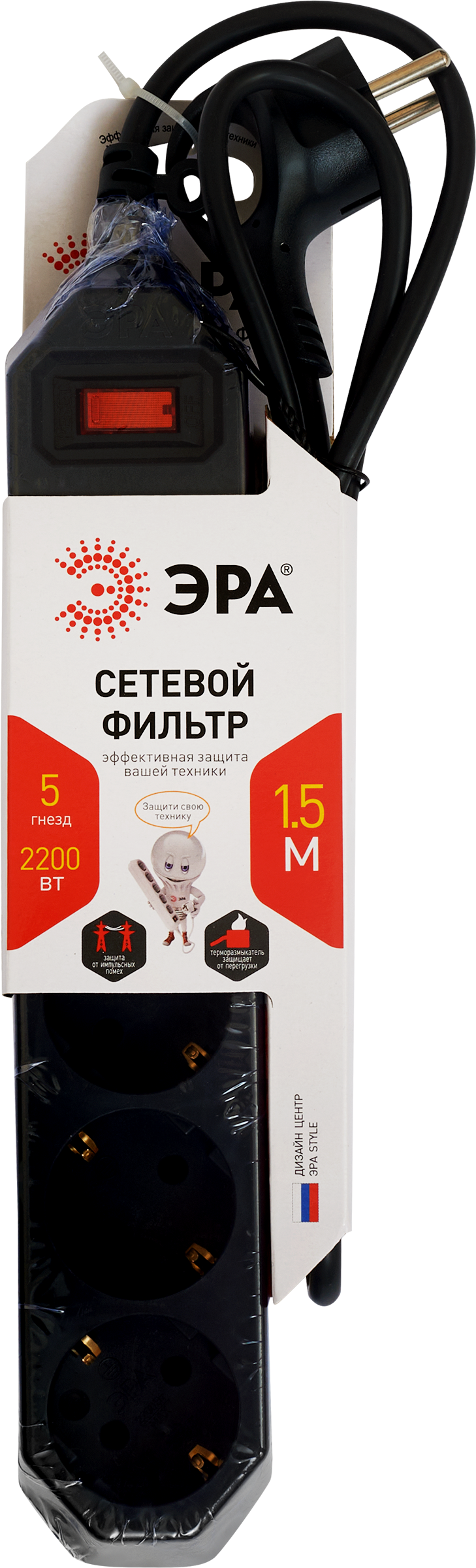 Изображение товара Сетевой фильтр ЭРА 5розеток с заземлением выключателем 1,5м