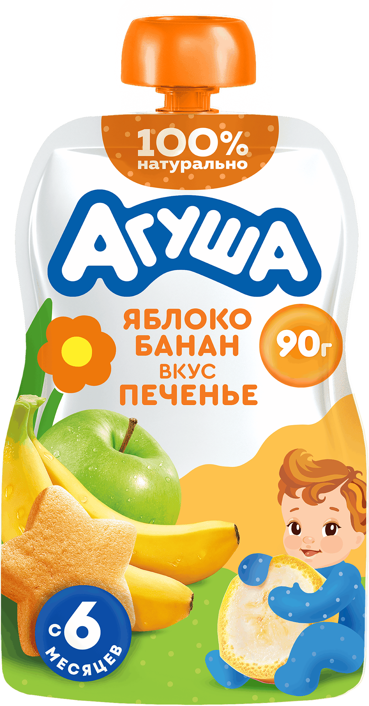Изображение товара Пюре фруктовое детское АГУША Яблоко, банан, печенье, с 6 месяцев, 90г