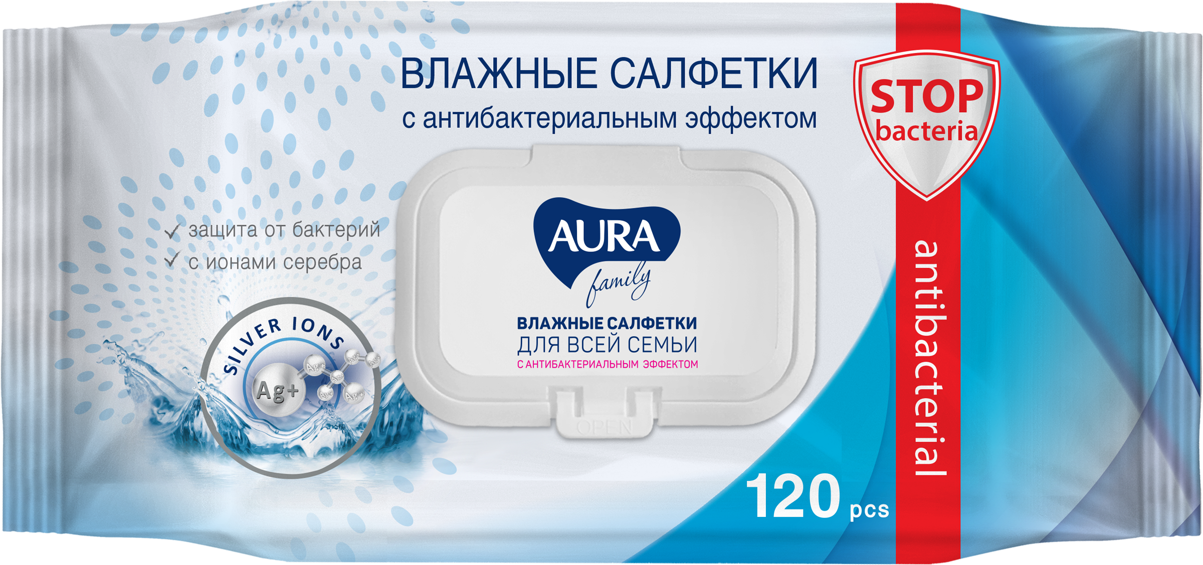 Изображение товара Салфетки влажные AURA Family, с антибактериальным эффектом, 120шт