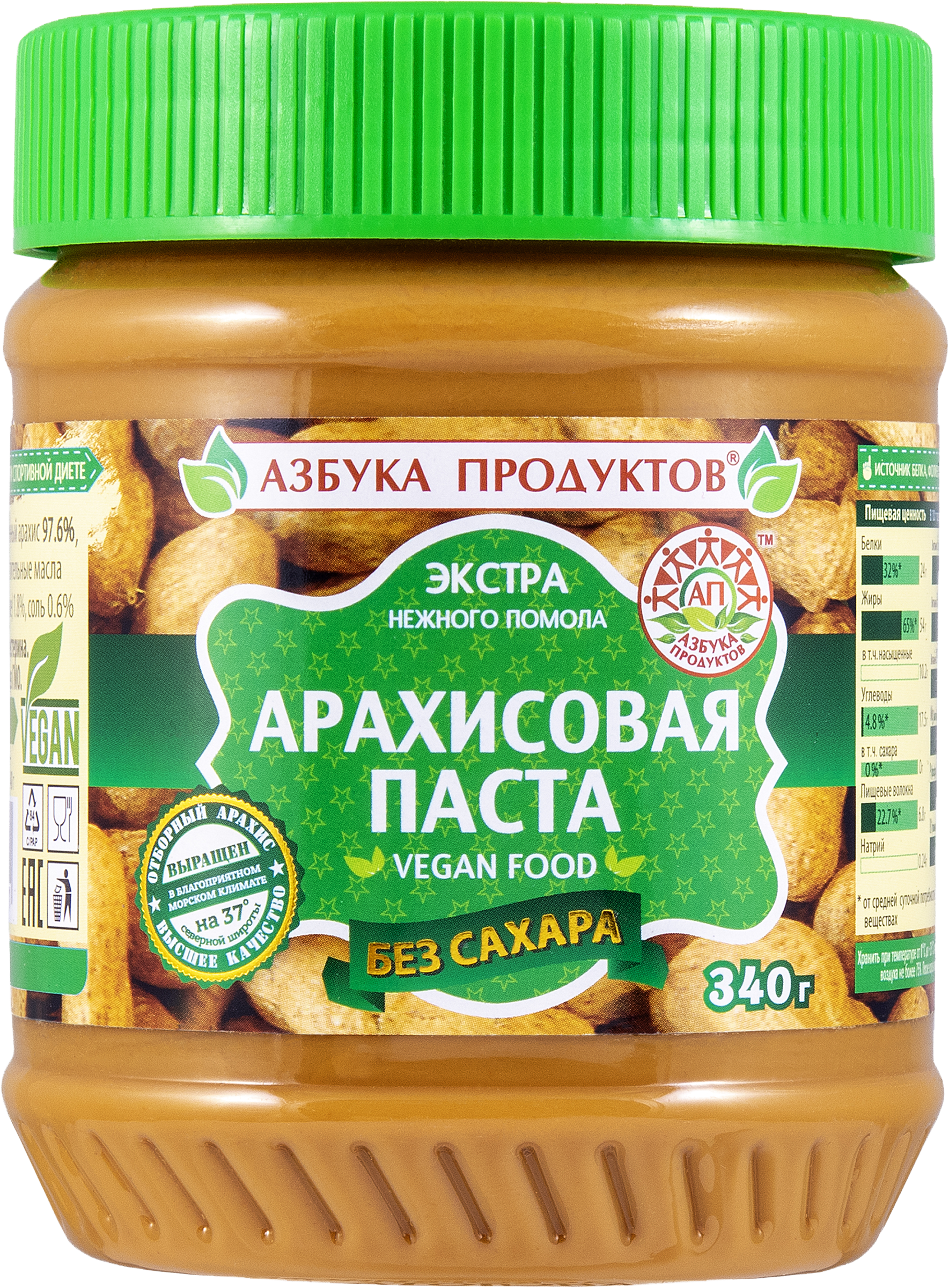 Изображение товара Паста арахисовая АЗБУКА ПРОДУКТОВ Экстра без сахара, 340г