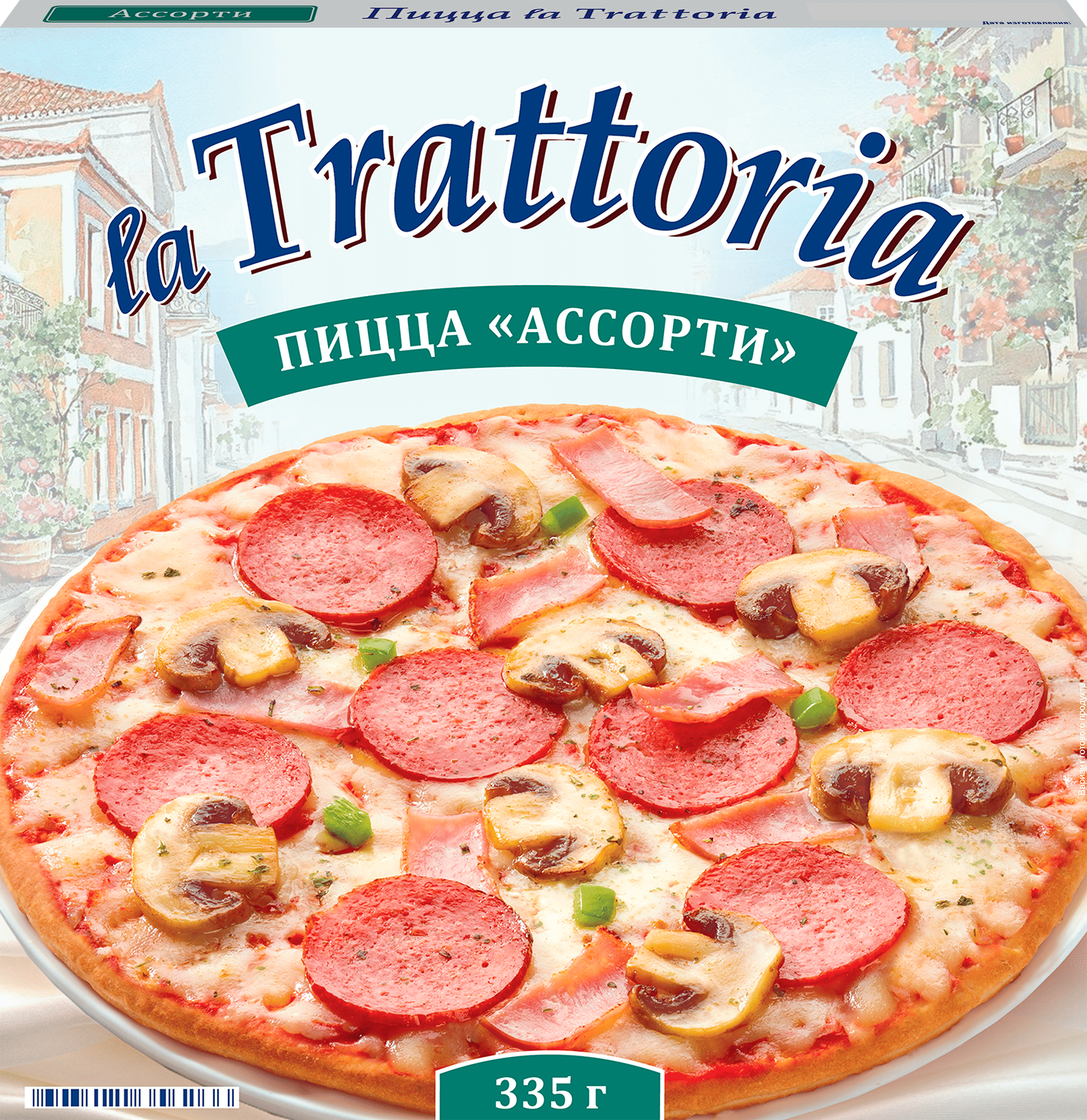 Изображение товара Пицца LA TRATTORIA Ассорти 335г замороженная с ветчиной и сыром