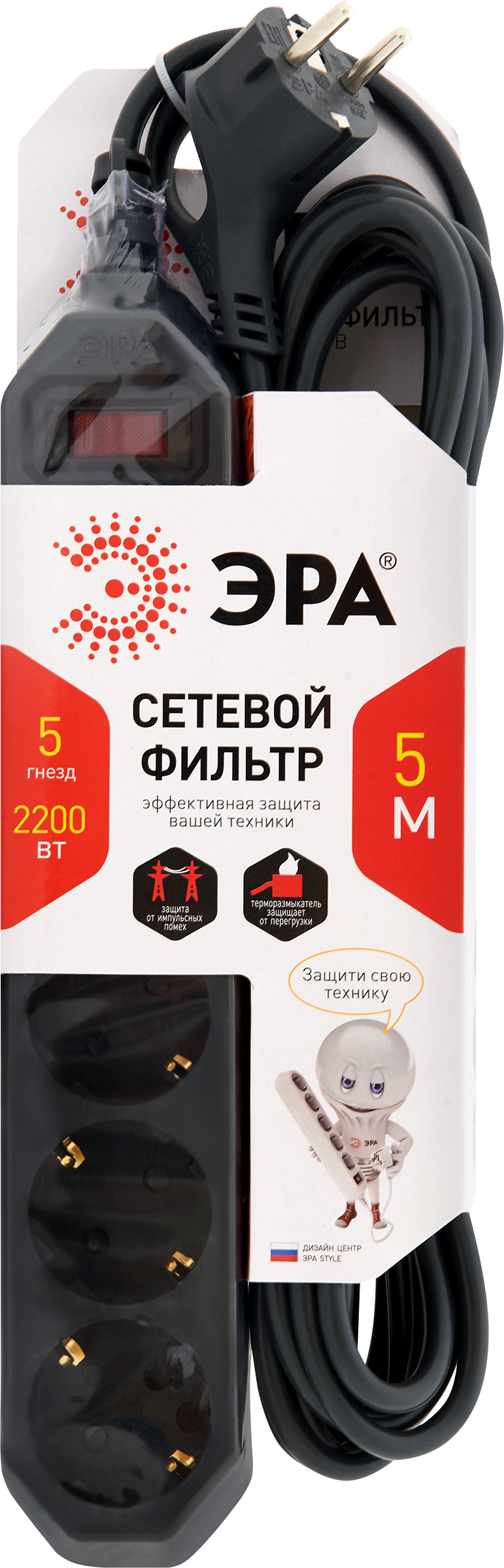 Изображение товара Сетевой фильтр ЭРА 5 розеток с заземлением и выключателем, кабель 5м