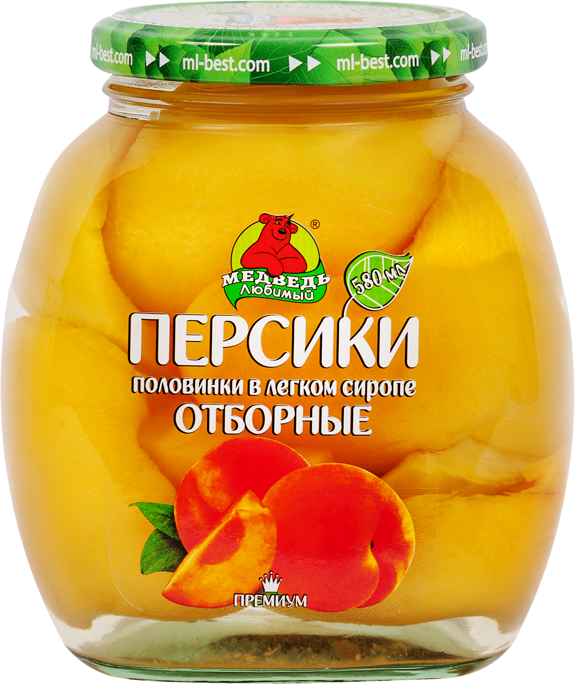 Изображение товара Персики отборные МЕДВЕДЬ ЛЮБИМЫЙ половинки в легком сиропе, 580мл