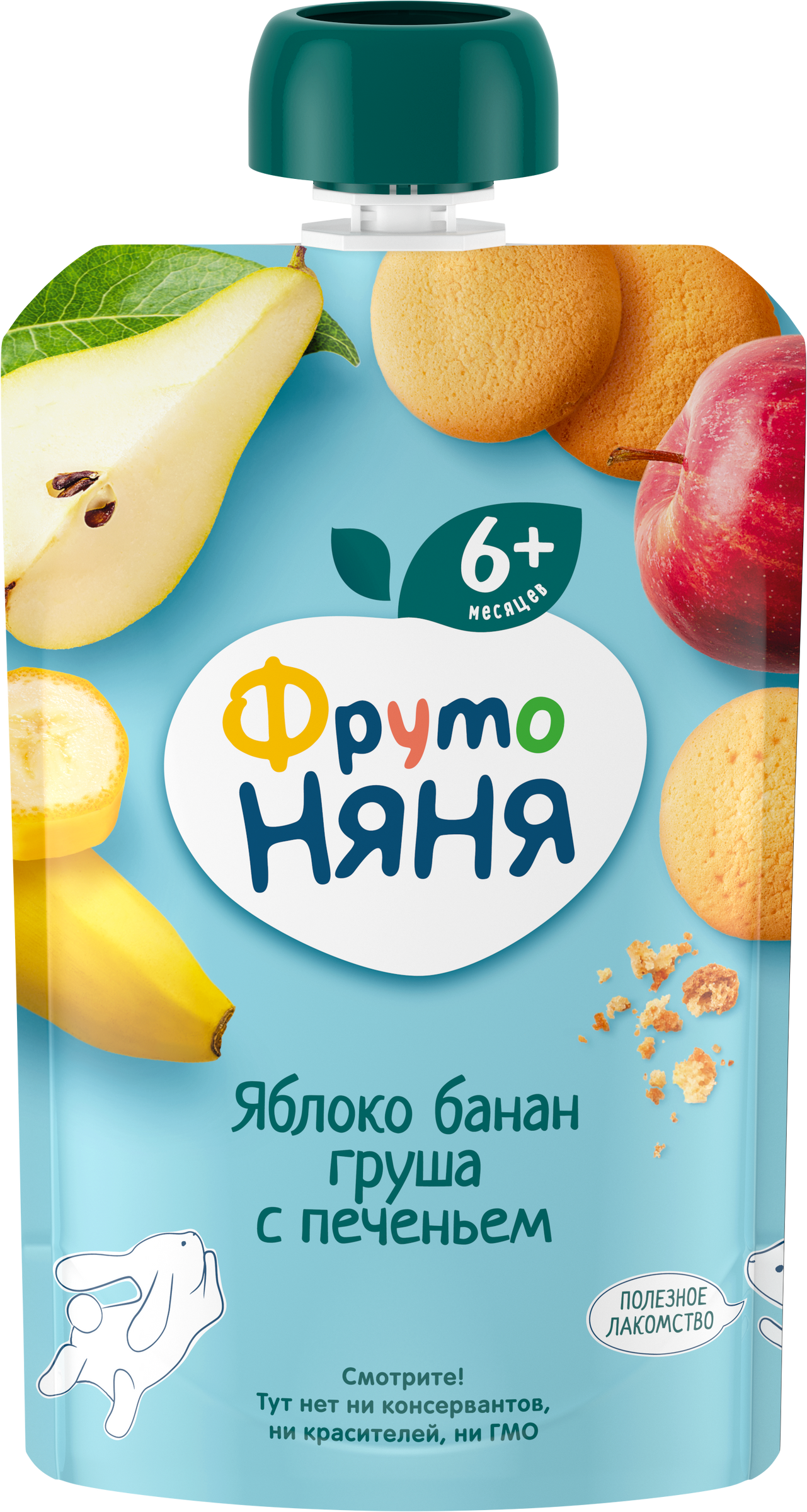 Изображение товара Фруктовое пюре ФРУТОНЯНЯ Яблоко, банан и груша с печеньем, 90г, с 6 месяцев