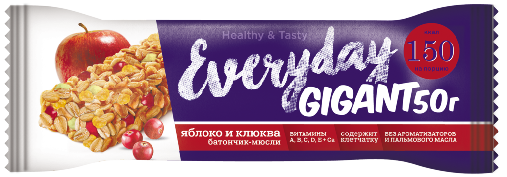 Изображение товара Батончик мюсли EVERYDAY Gigant Яблоко и клюква, 50г