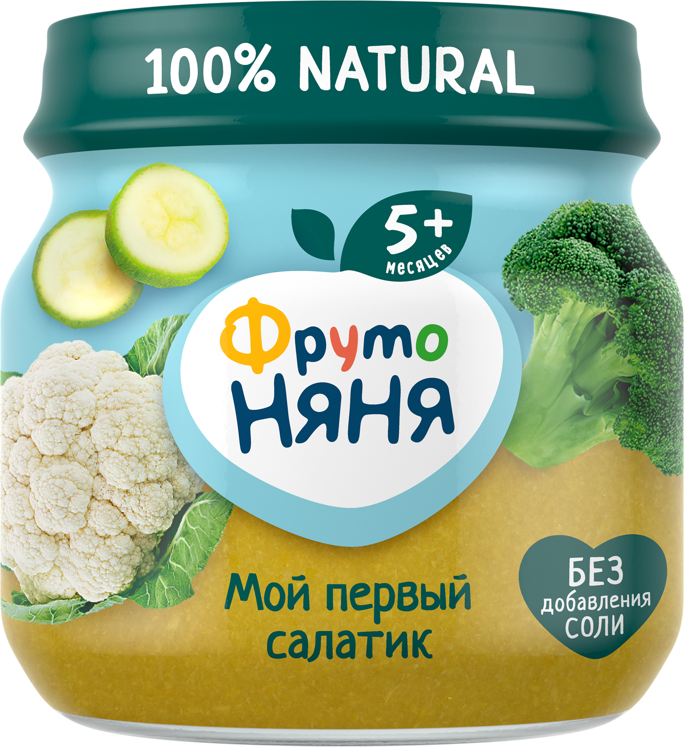 Изображение товара Пюре овощное ФРУТОНЯНЯ Мой первый салатик Брокколи, кабачок и цветная капуста, с 5 месяцев, 80г