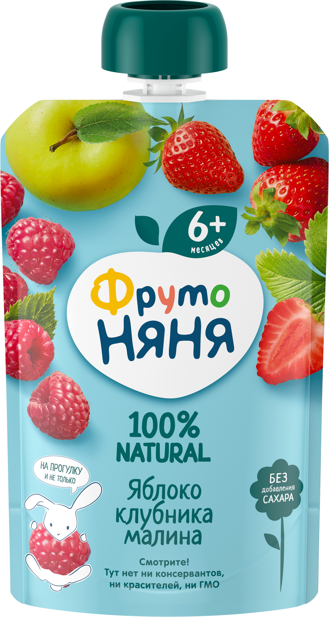Изображение товара Детское фруктовое пюре ФРУТОНЯНЯ из яблок, клубники и малины, с 6 месяцев, 90г