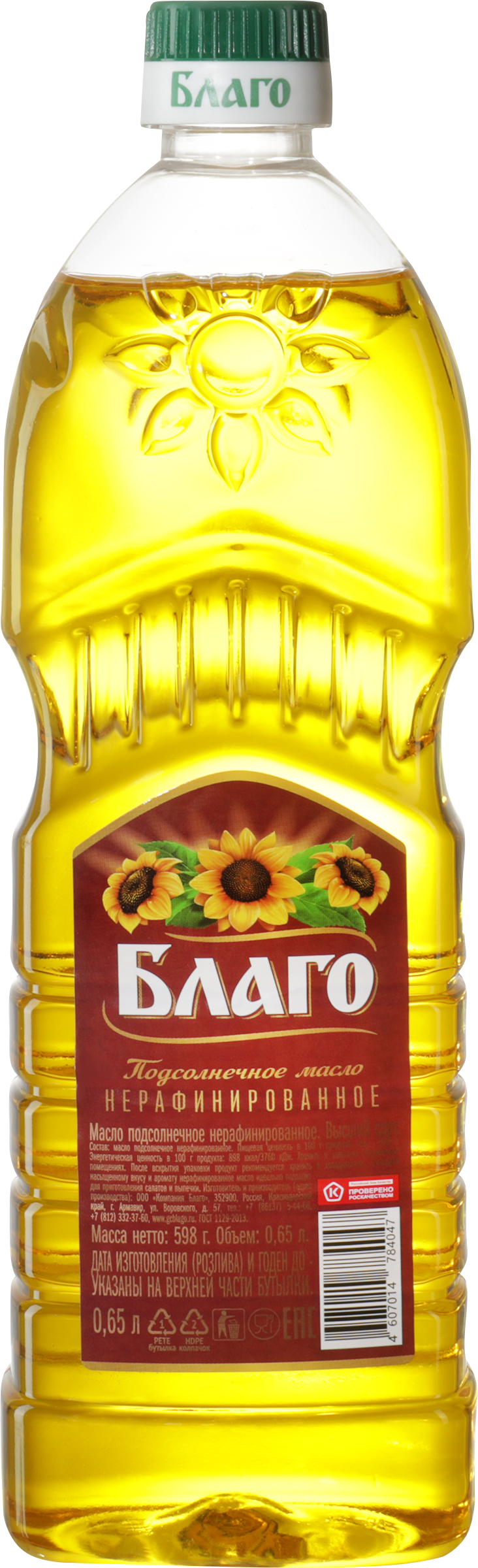 Изображение товара Масло подсолнечное БЛАГО нерафинированное первый сорт, 650мл