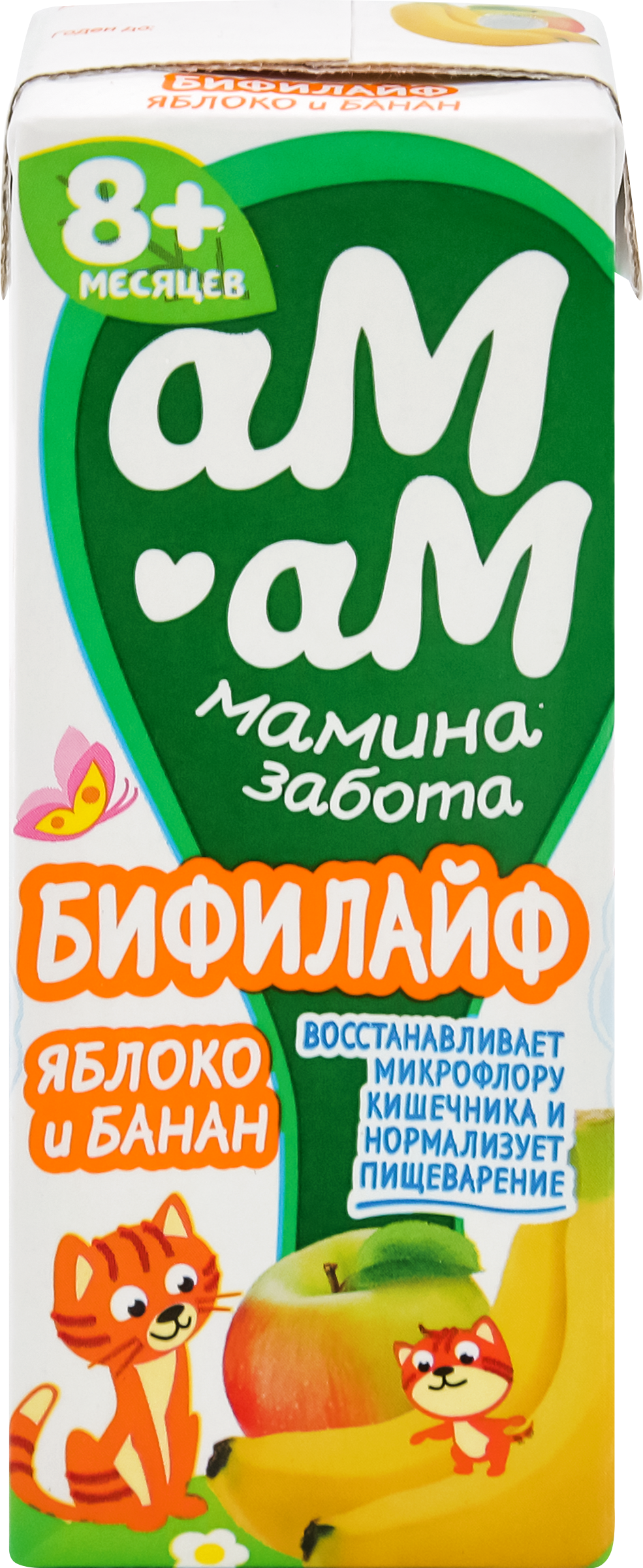 Изображение товара Биопродукт кисломолочный для детей АМ-АМ МАМИНА ЗАБОТА Бифилайф Яблоко, банан 2,5%, с 8 месяцев, без змж, 210г