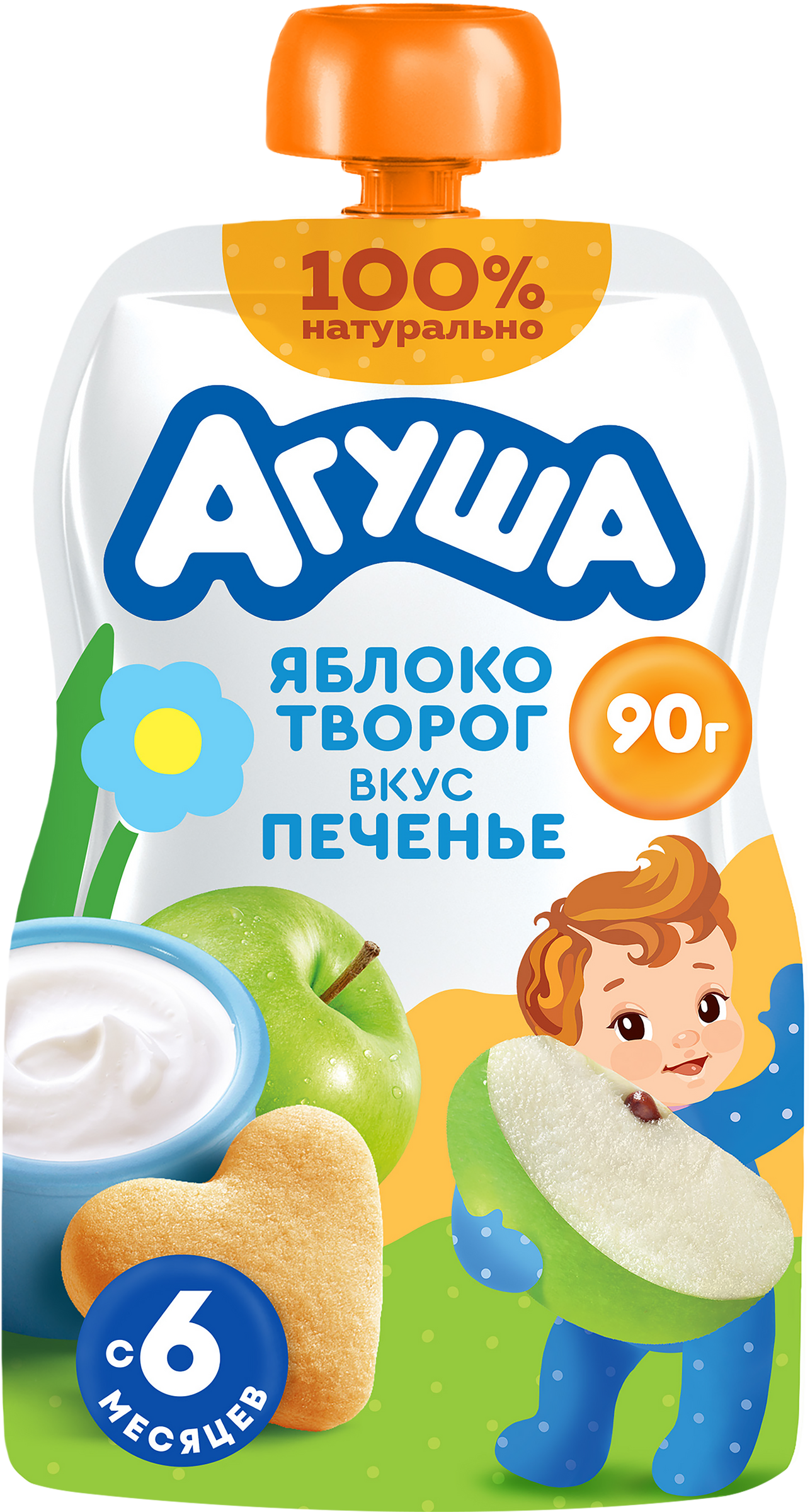 Изображение товара Пюре фруктово-творожное детское АГУША Яблоко, творог, печенье, с 6 месяцев, 90г