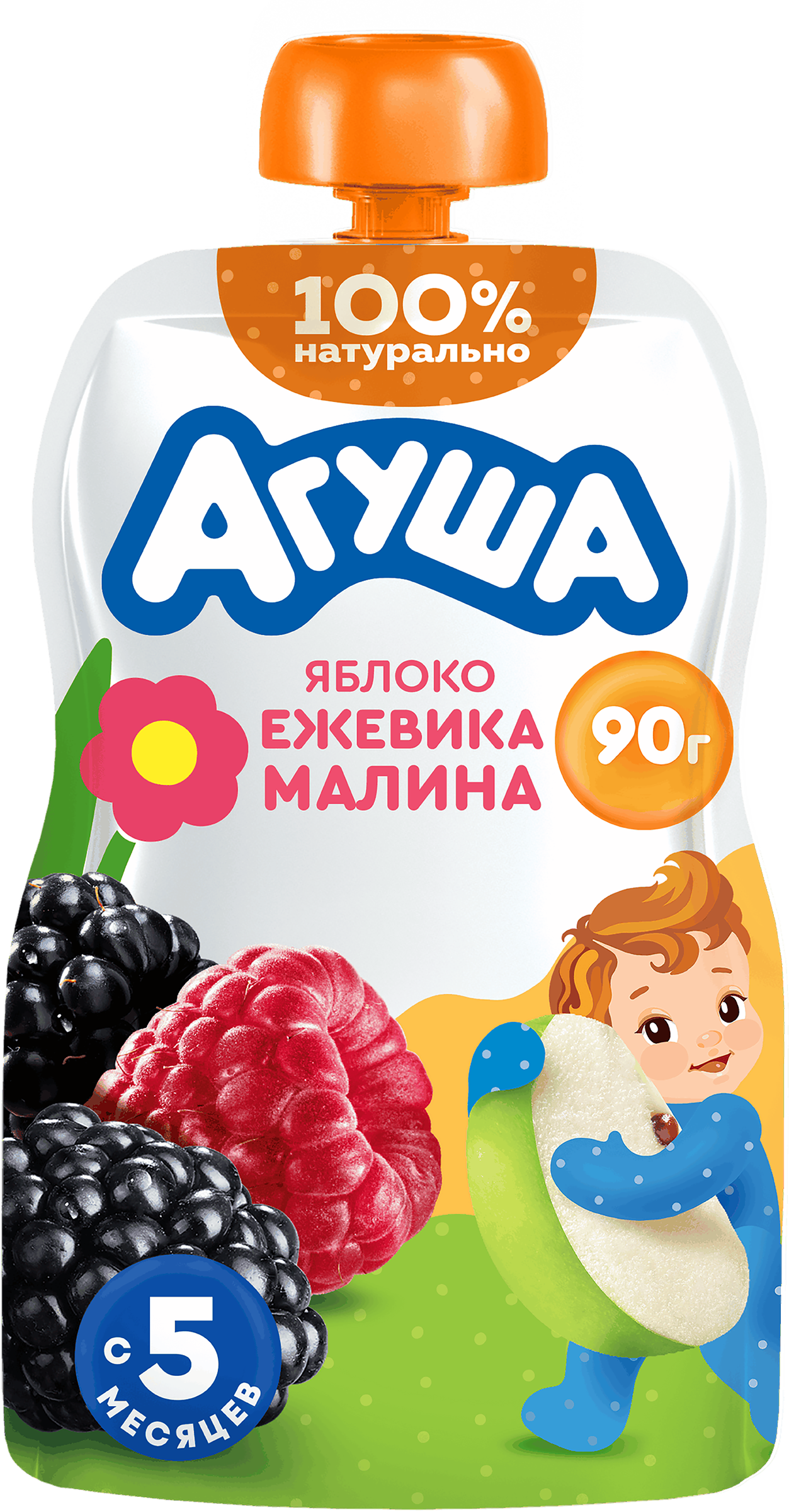 Изображение товара Пюре фруктово-ягодное детское АГУША Яблоко, ежевика, малина, с 5 месяцев, 90г
