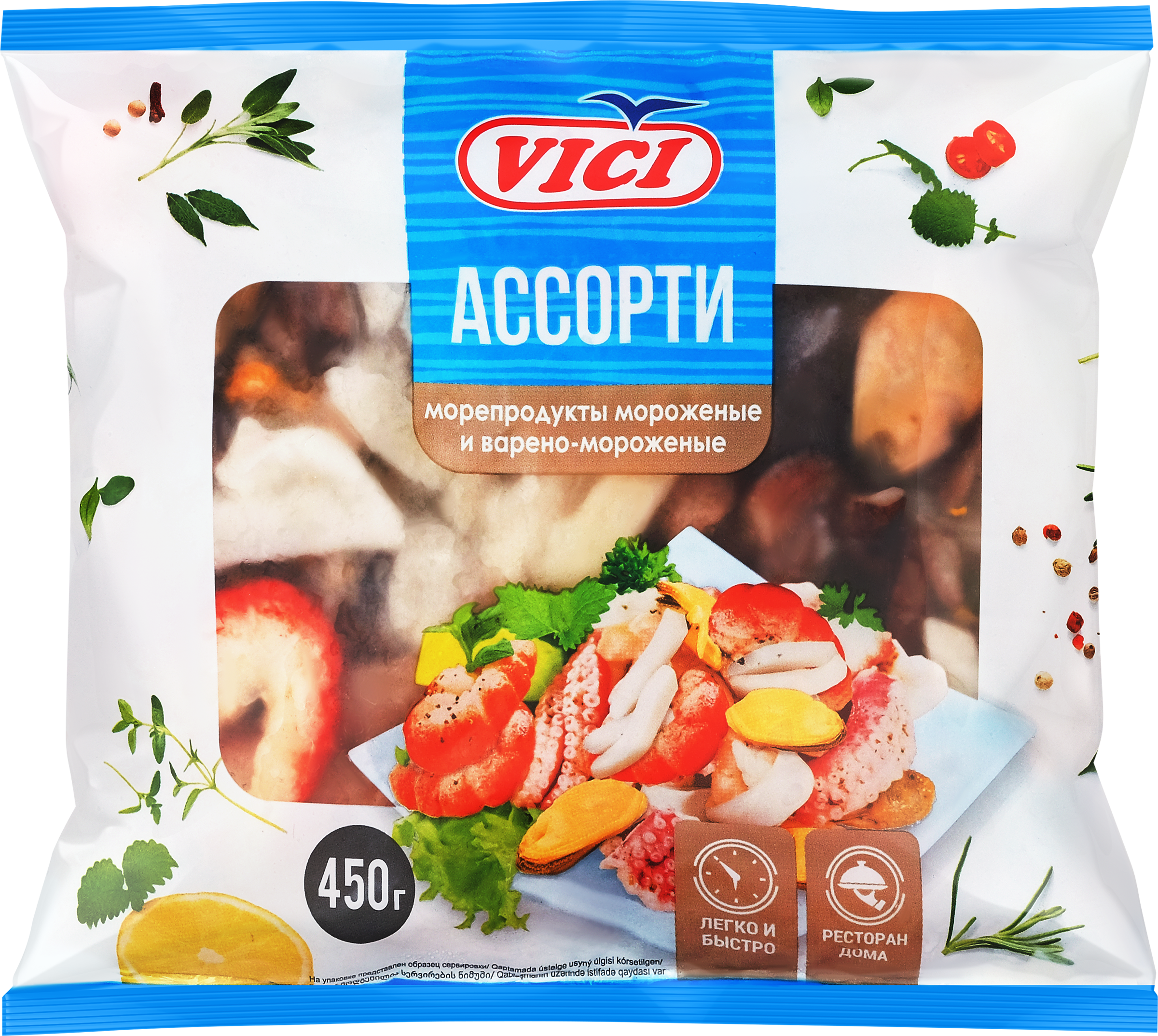Изображение товара Ассорти из морепродуктов варено-мороженное VICI 450 г импровизация из сурими