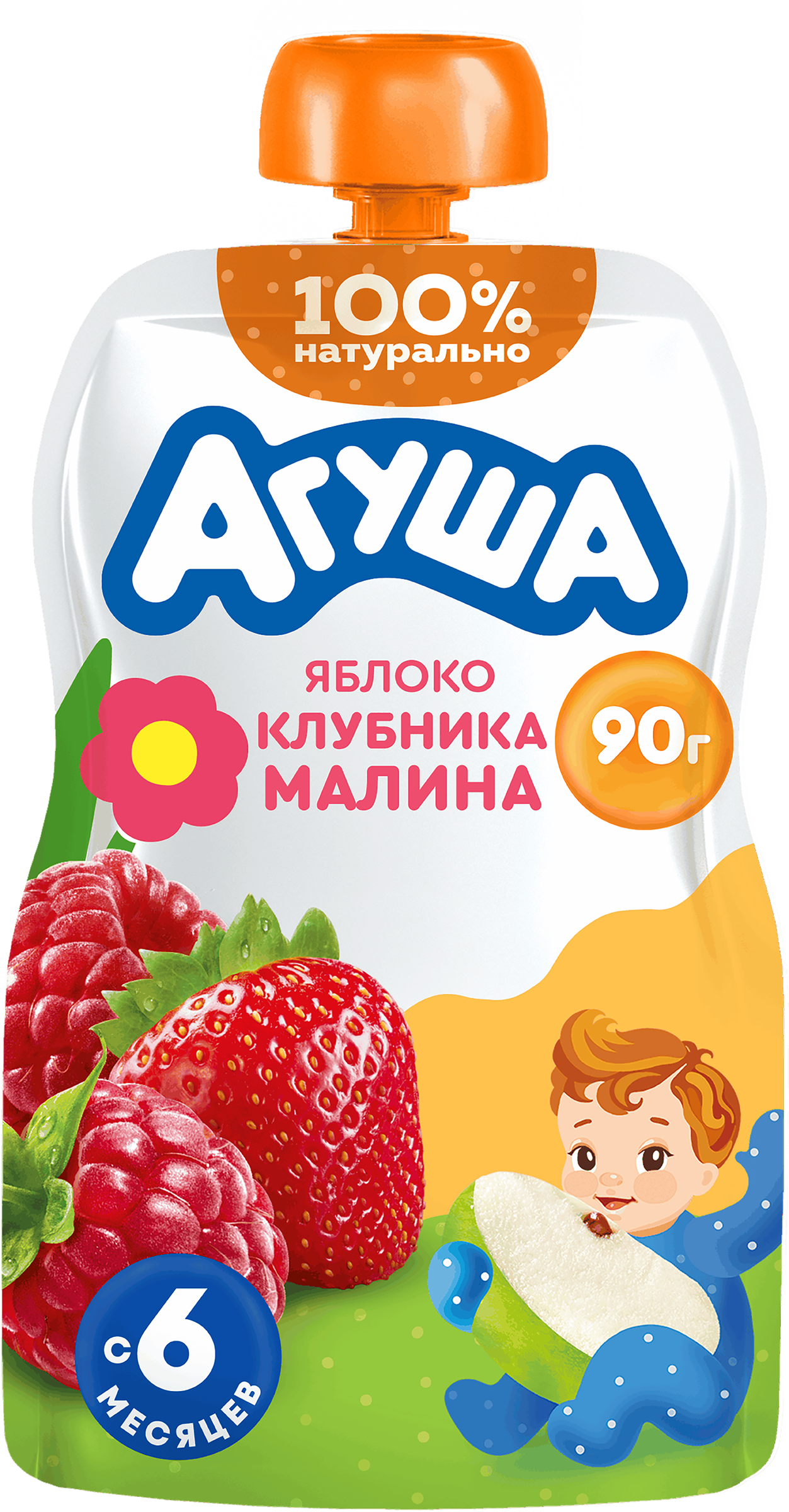 Изображение товара Пюре фруктово-ягодное детское АГУША Яблоко, клубника, малина, с 6 месяцев, 90г