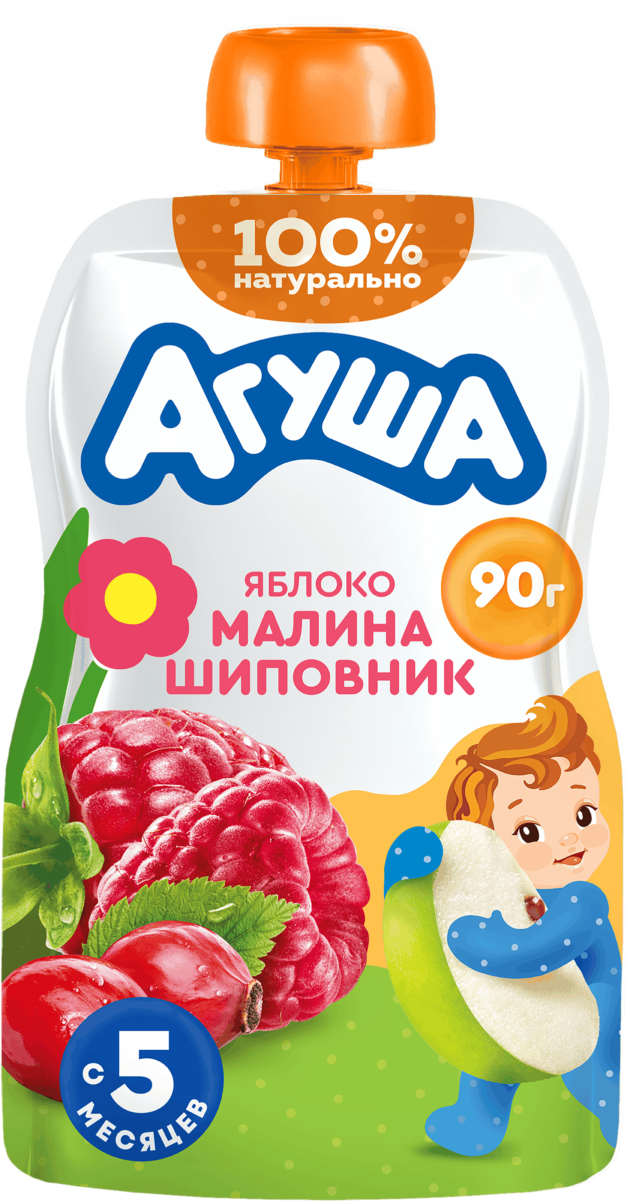 Изображение товара Пюре фруктовое детское АГУША Яблоко, малина, шиповник, с 5 месяцев, 90г