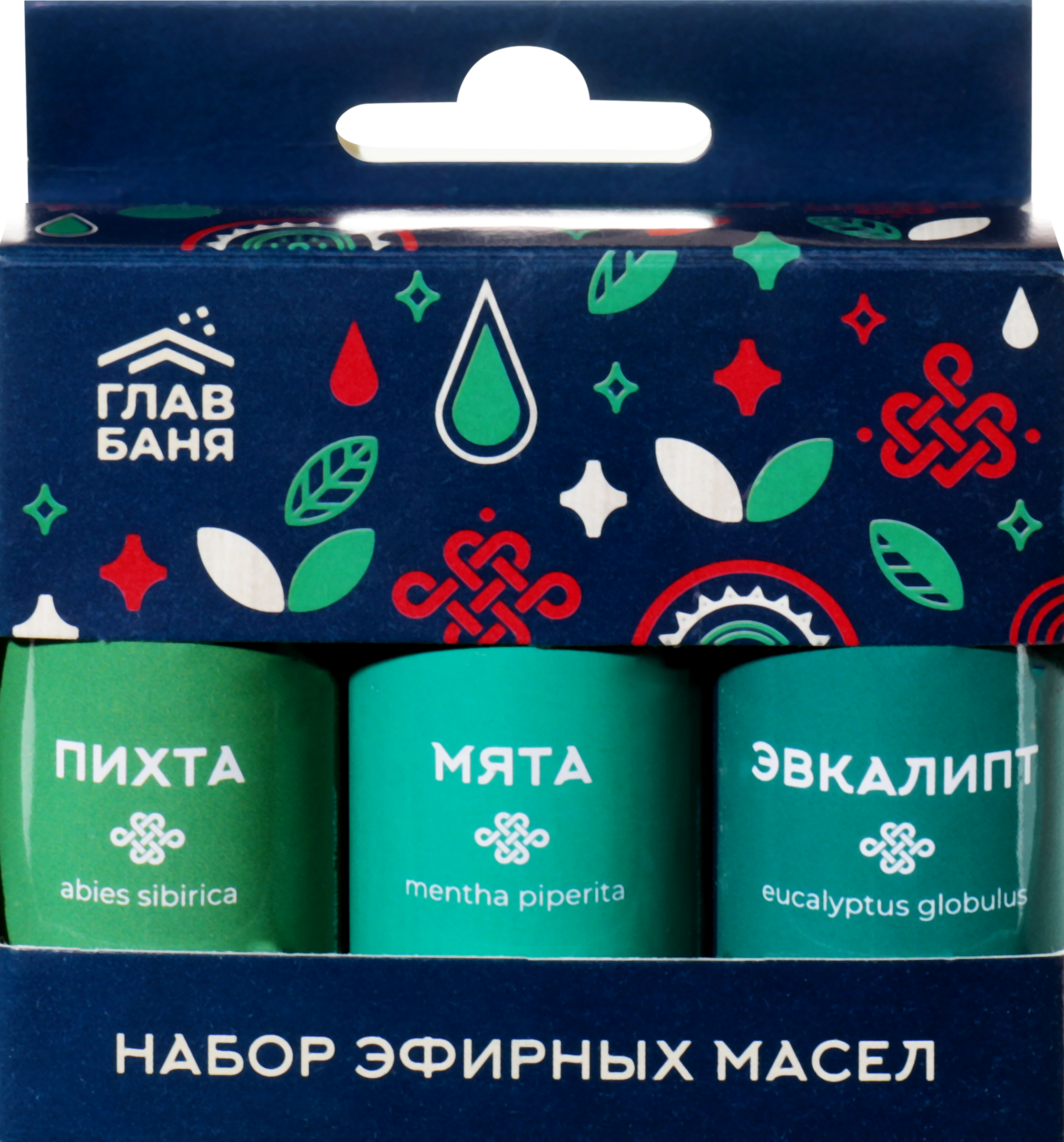 Изображение товара Набор эфирных косметических масел ГЛАВБАНЯ Пихта, Мята и Эвкалипт, Арт.
Б701, 3х15мл