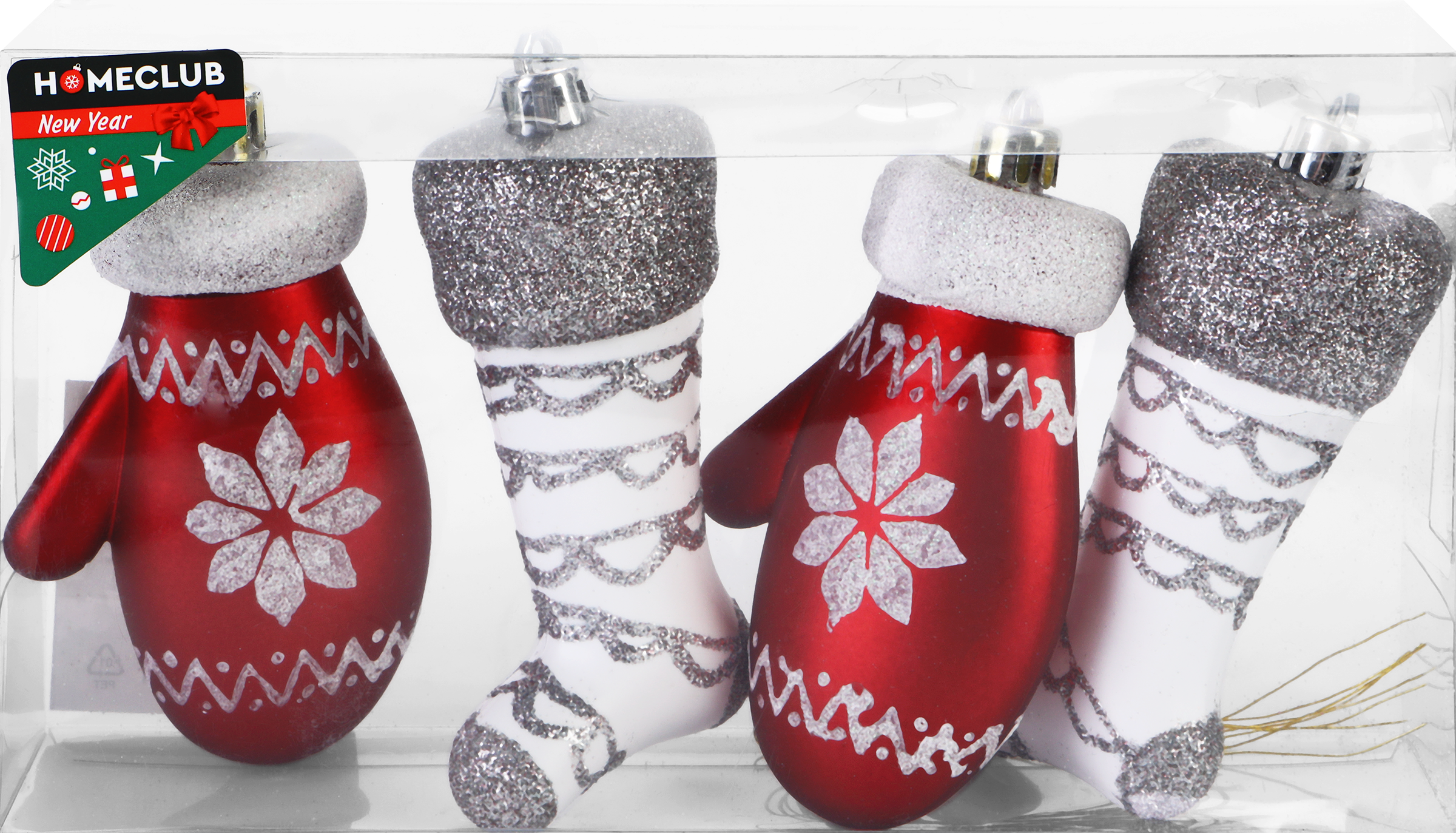 Изображение товара Набор елочных украшений HOMECLUB Варежки 10,5см, 4 шт, пластик для новогодней елки