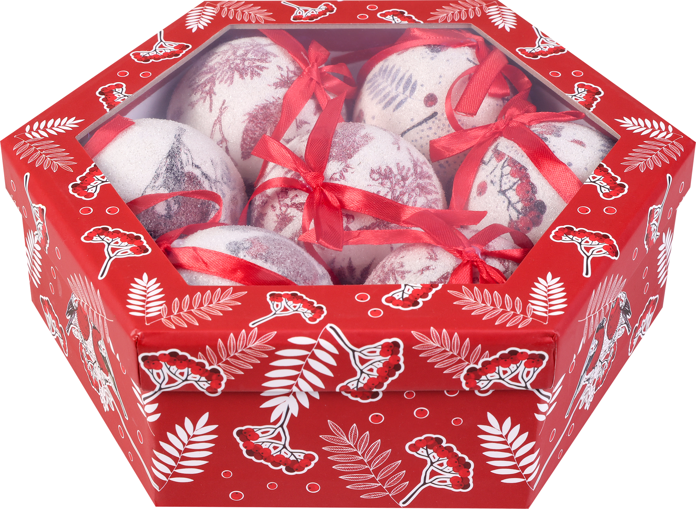 Изображение товара Набор елочных шаров HOMECLUB с принтом в подарочной коробке 7 шт пластик