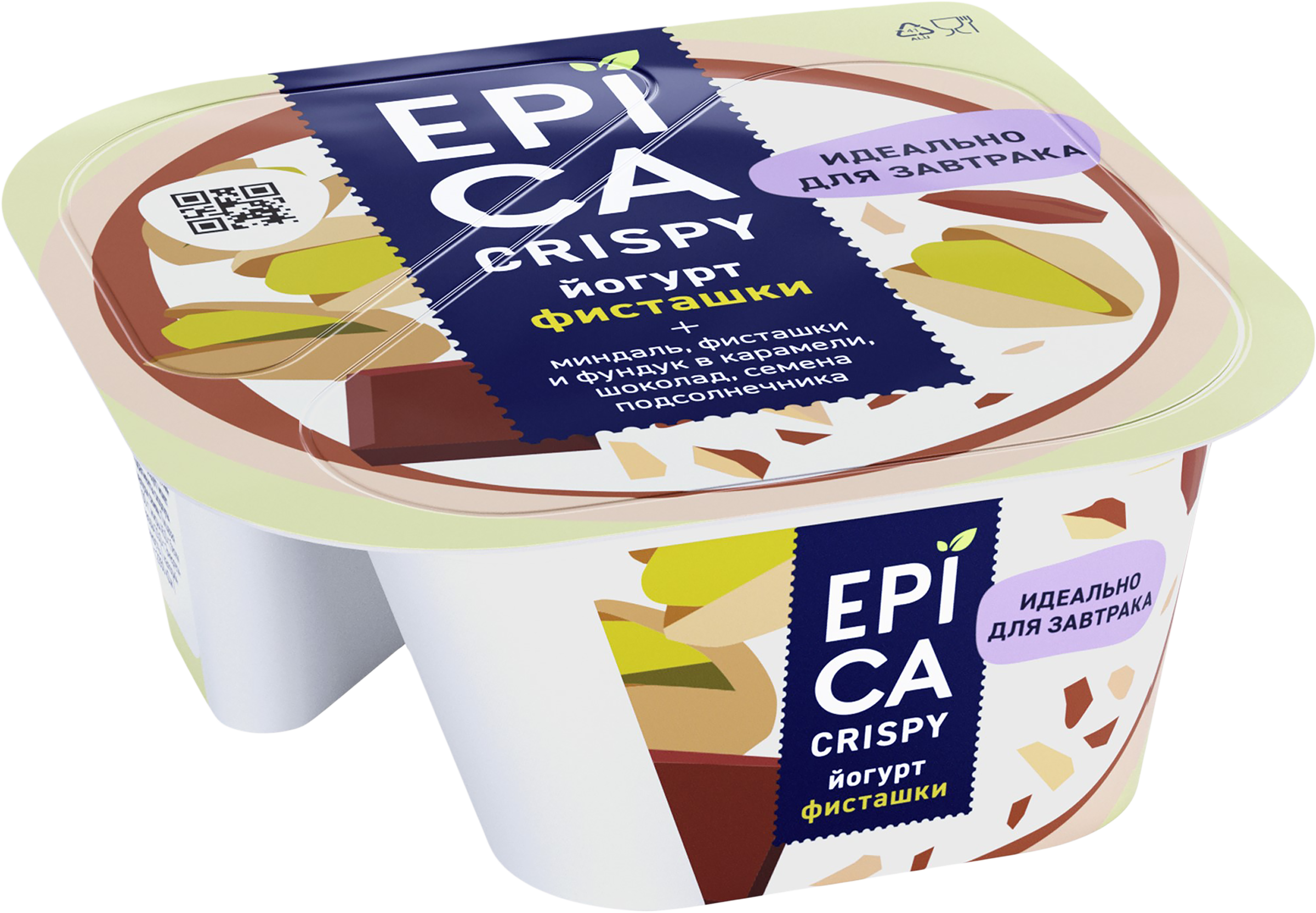 Изображение товара Йогурт EPICA Crispy Фисташки, семена подсолнечника, темный шоколад 10,5%, без змж, 140г