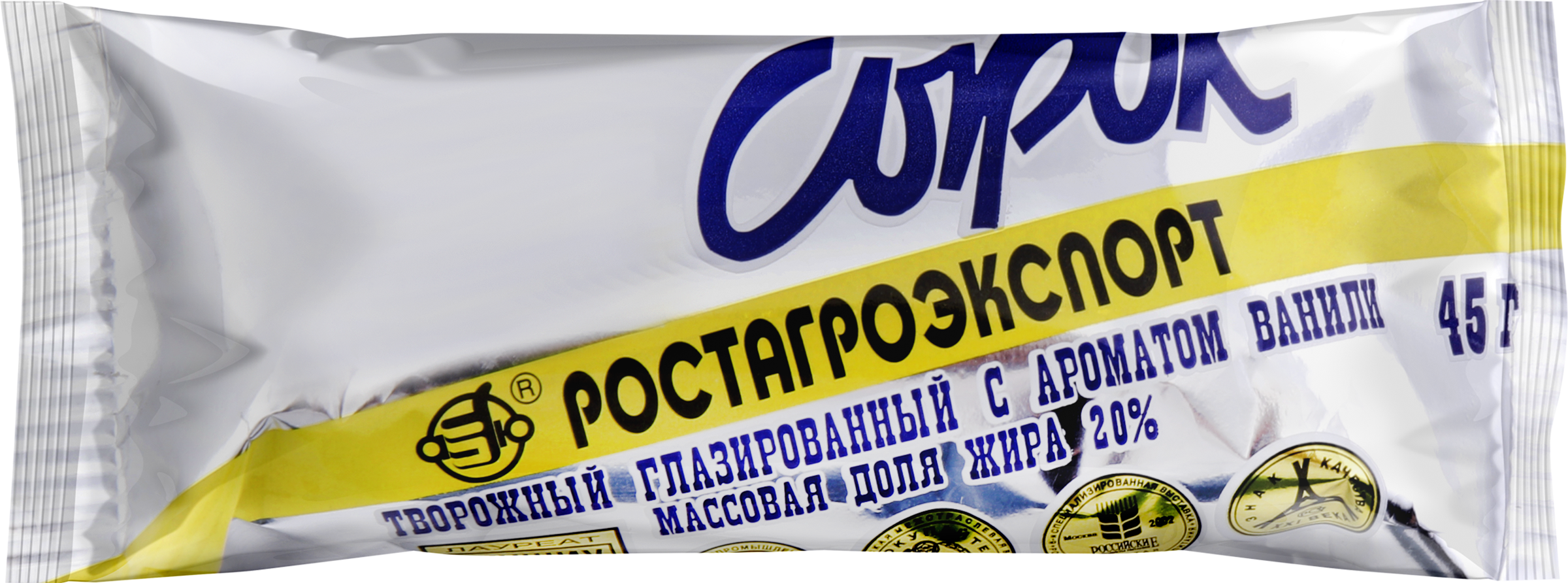 Изображение товара Сырок творожный глазированный РОСТАГРОЭКСПОРТ с ванилином 20%, без змж, 45г