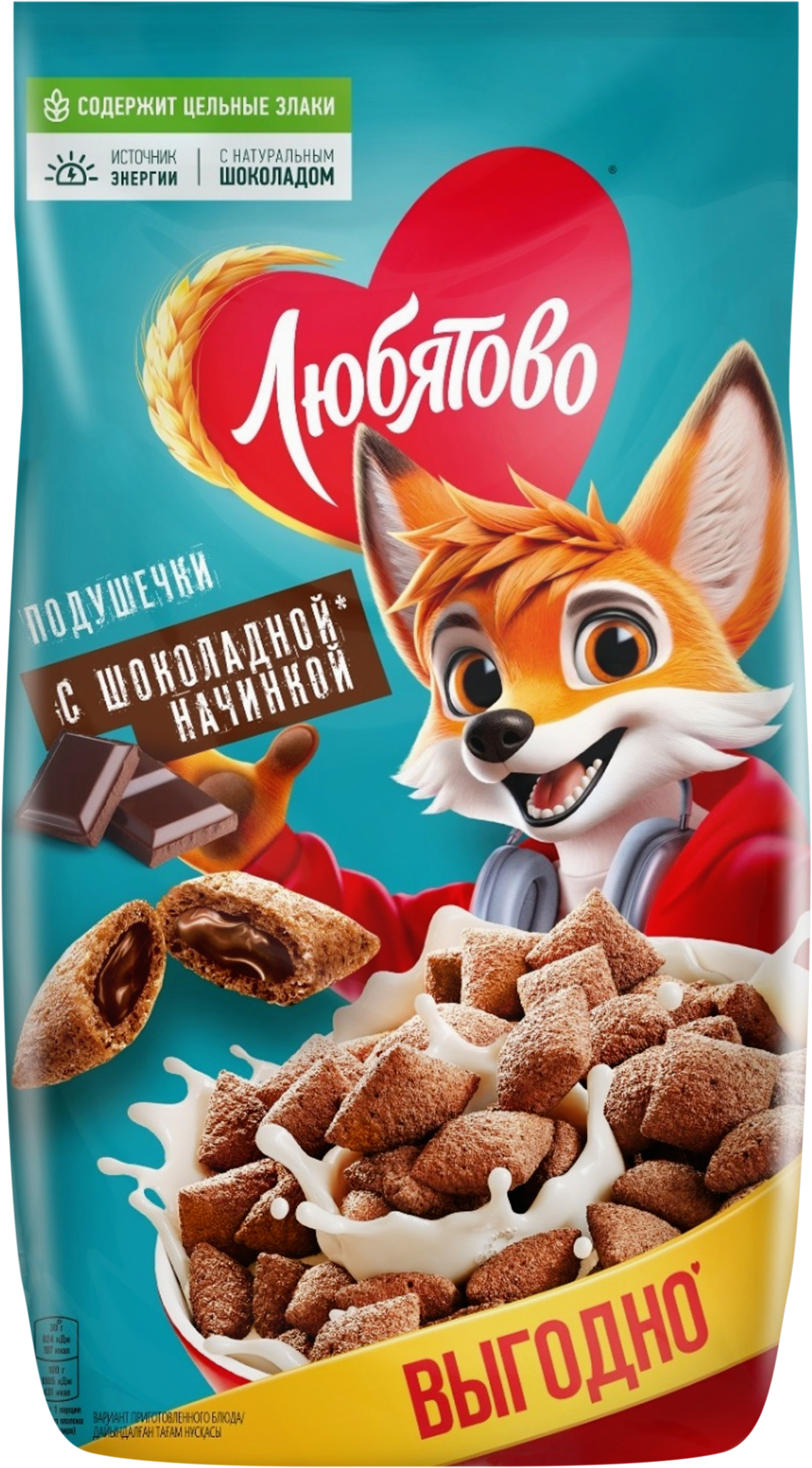 Изображение товара Готовый завтрак ЛЮБЯТОВО Подушечки с шоколадной начинкой, 500г