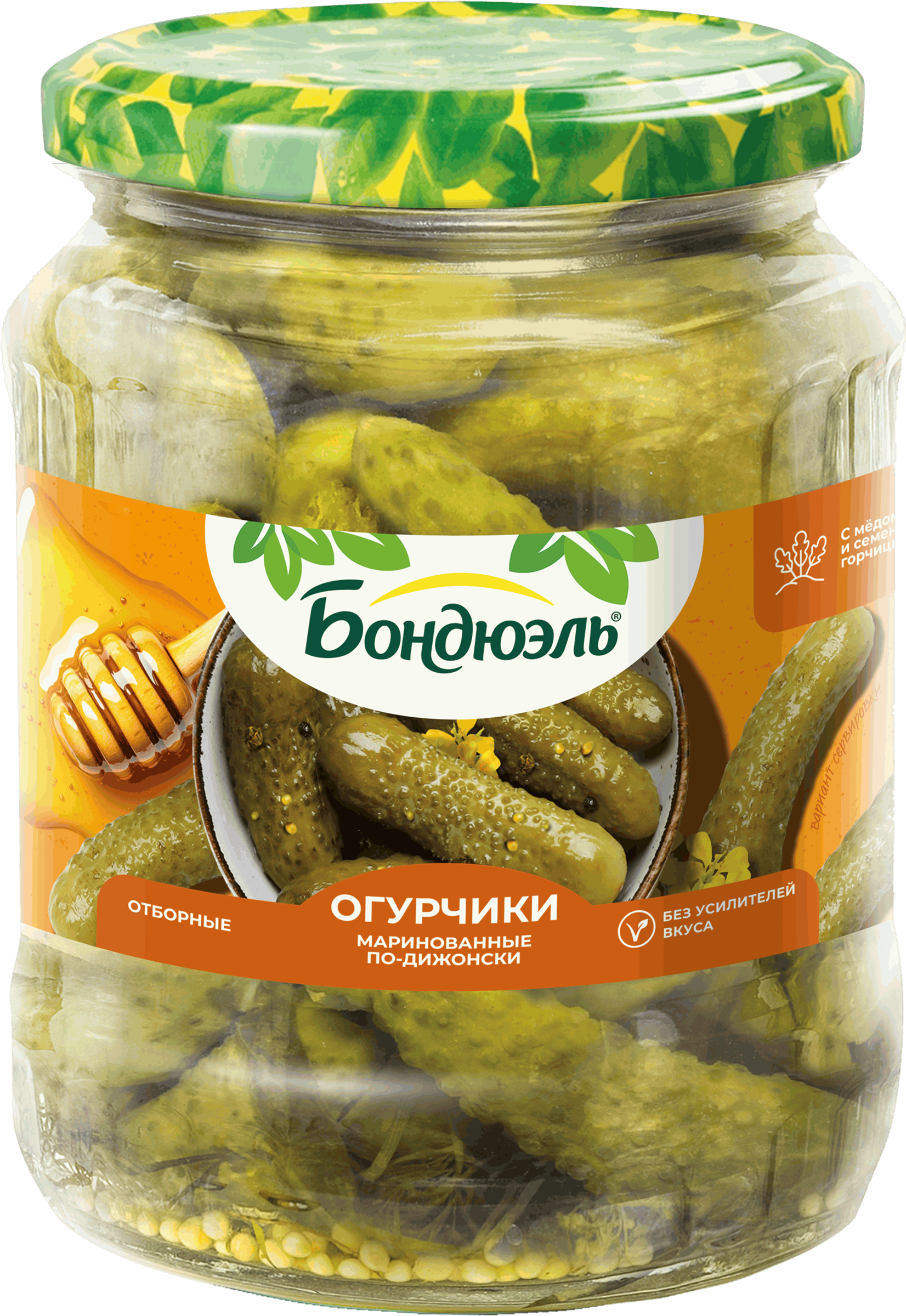 Изображение товара Огурчики маринованные БОНДЮЭЛЬ По-дижонски, с медом и семенами горчицы, 720мл